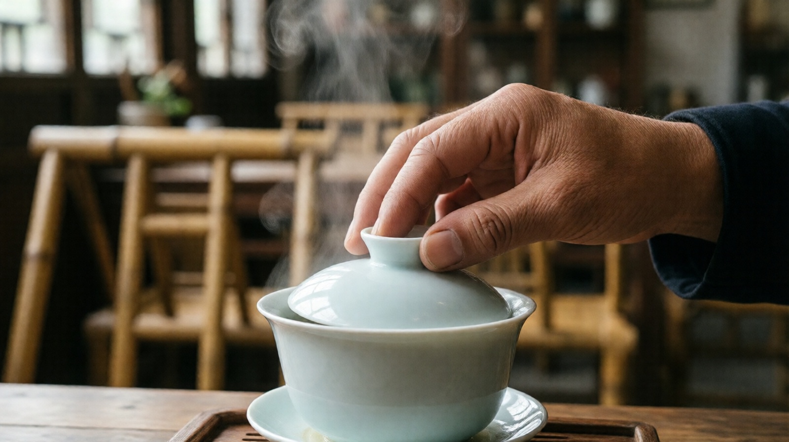 Close-up of a person's hand using the lid of a Gaiwan bowl to sip tea in a Sichuan teahouse, with steam and blurred bamboo chairs background