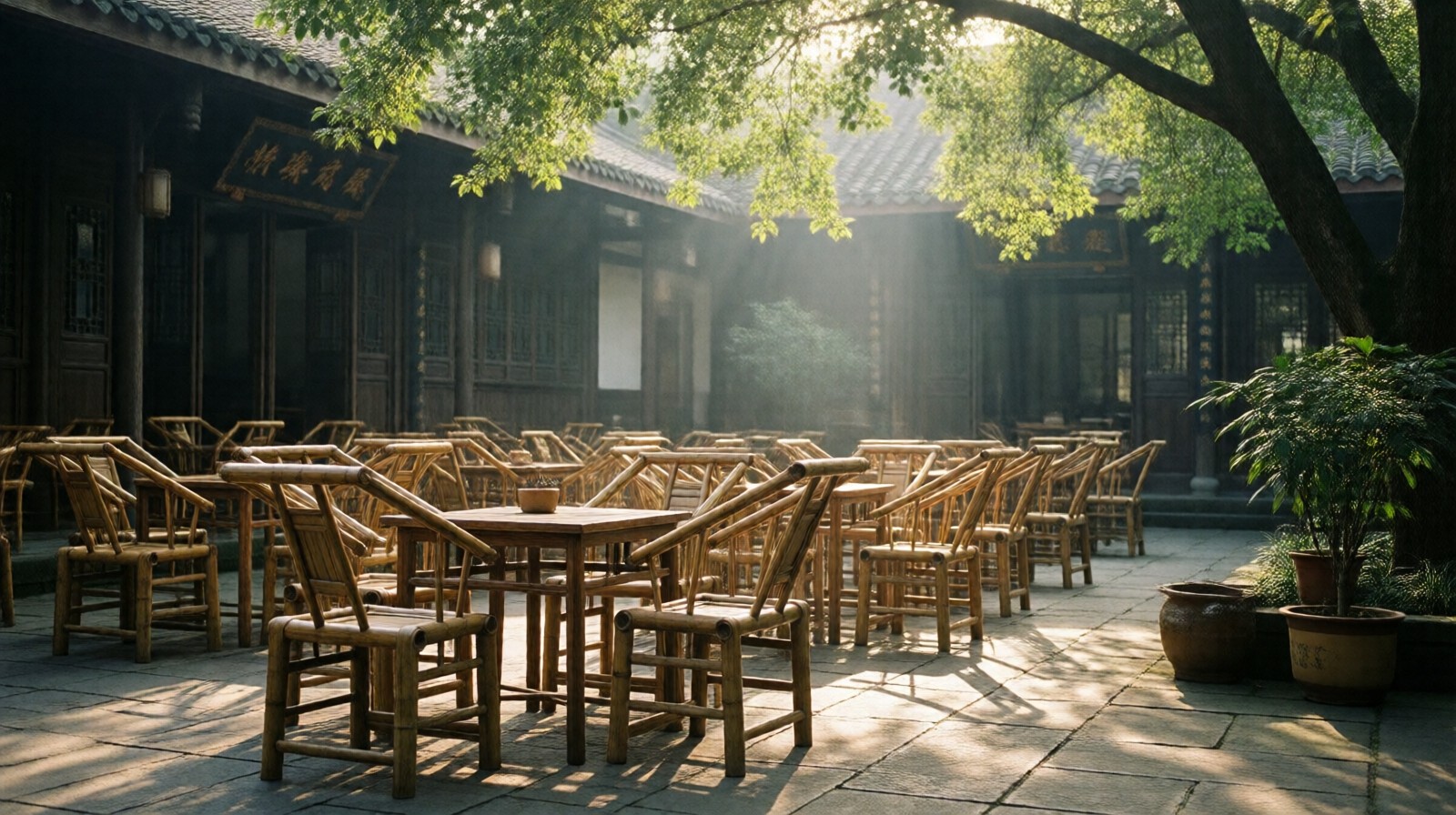 Empty bamboo chairs and tables in a courtyard of a traditional Sichuan teahouse, sunlight filtering through leaves, morning calm