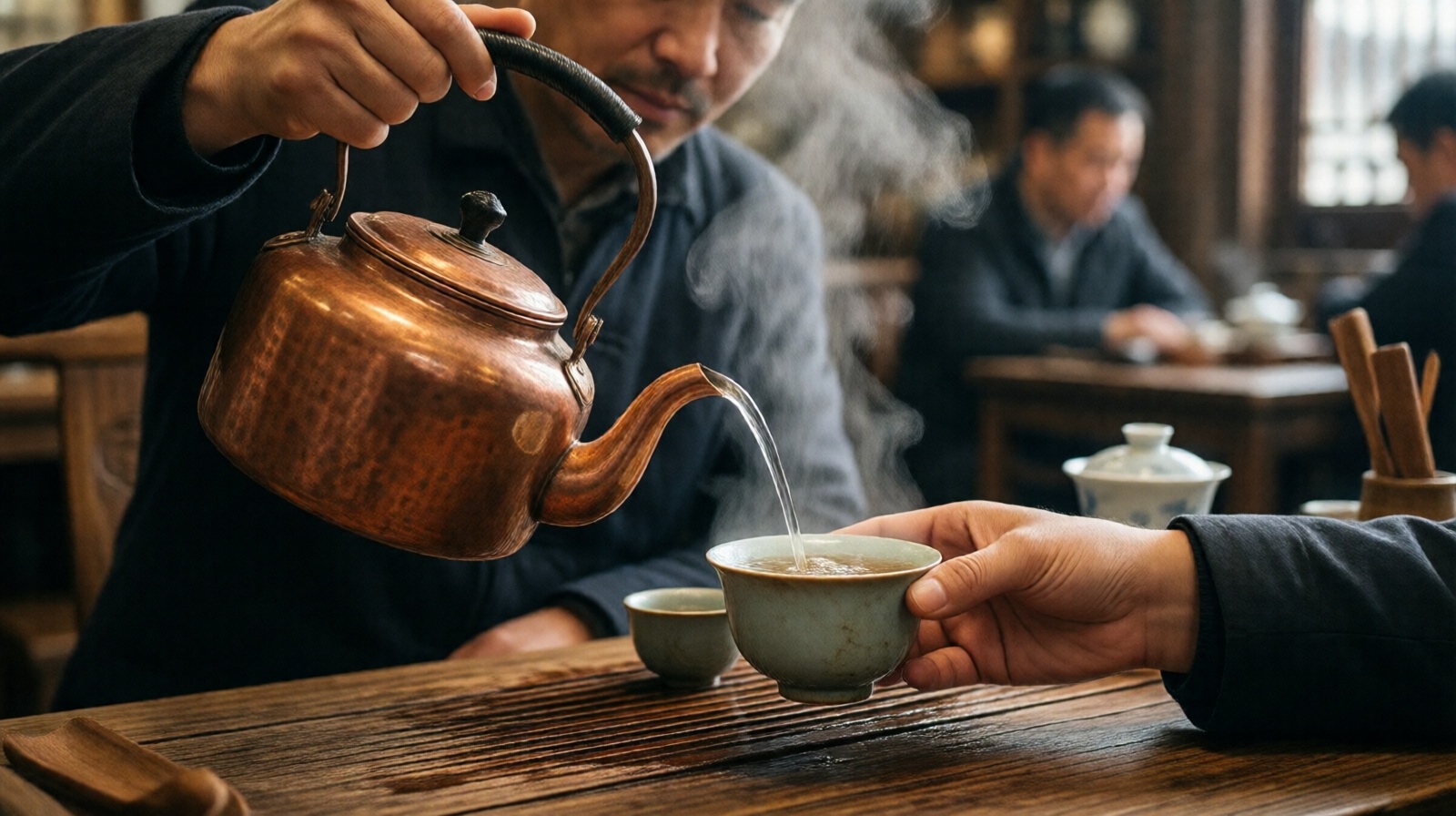 Tea master pouring hot water from a long-spouted copper kettle into a Gaiwan bowl at a traditional Sichuan teahouse, steam rising