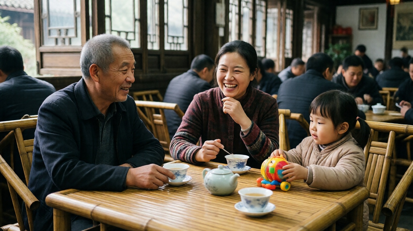 Three generations of a family sitting at a bamboo table in a Sichuan teahouse, drinking tea and chatting, candid shot