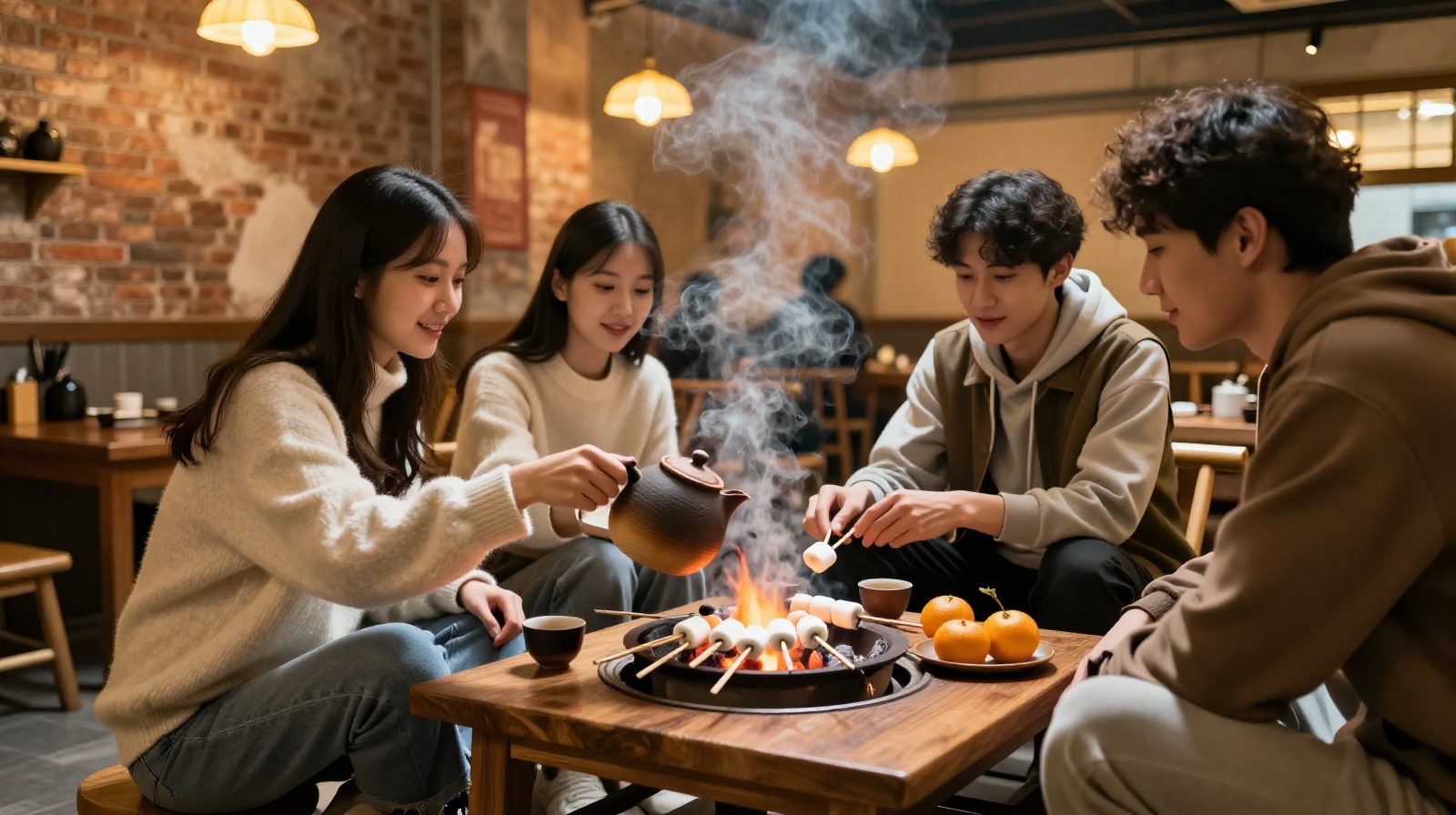 Young Chinese friends gather around a stove-brewed tea setup in a cozy teahouse, pouring tea and roasting tangerines on charcoal