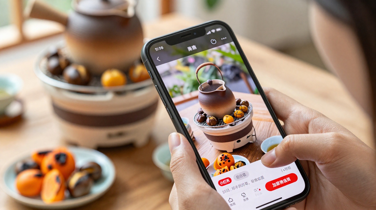 Smartphone displaying a Xiaohongshu post of stove-brewed tea next to an actual teacup and roasted snacks, illustrating social media's role in the trend