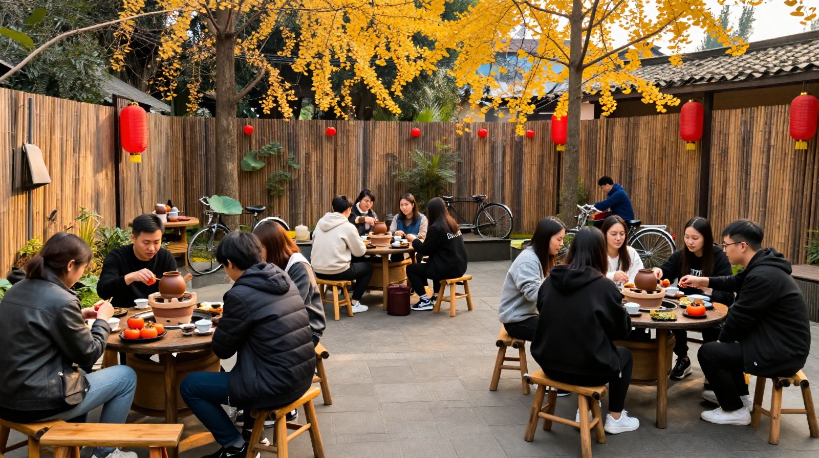 Outdoor teahouse in Chengdu with multiple groups of young people enjoying stove-brewed tea under autumn trees