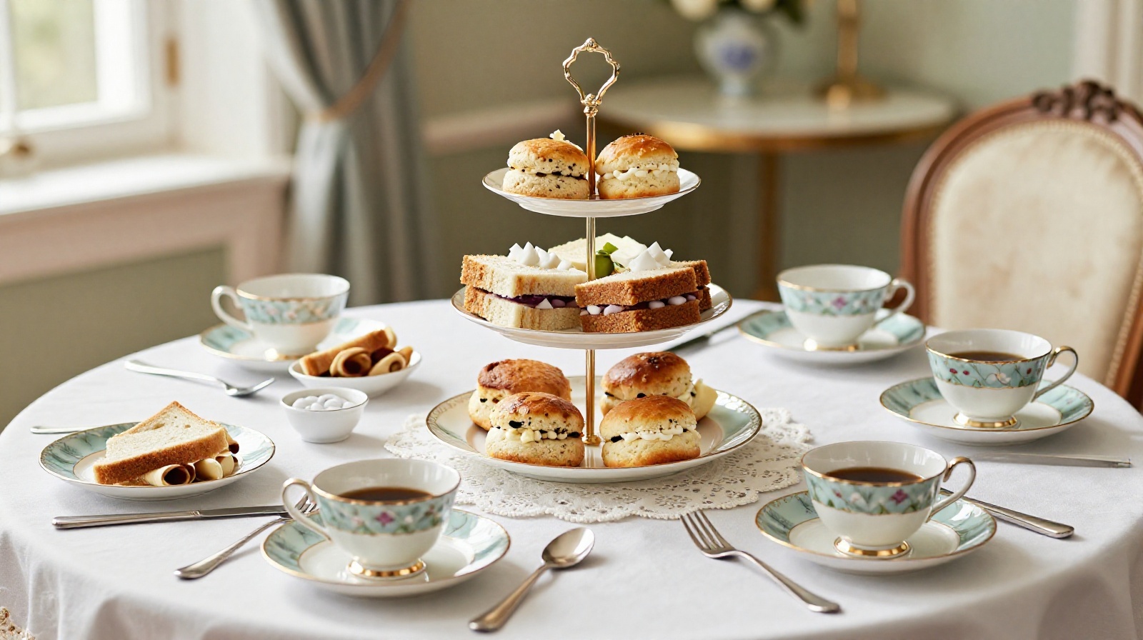 Victorian-era British afternoon tea with fine china and three-tiered stand