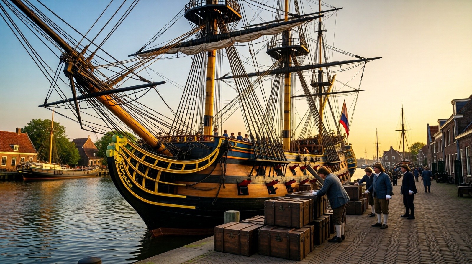 Dutch East India Company ship unloading tea chests at Amsterdam port in the 17th century