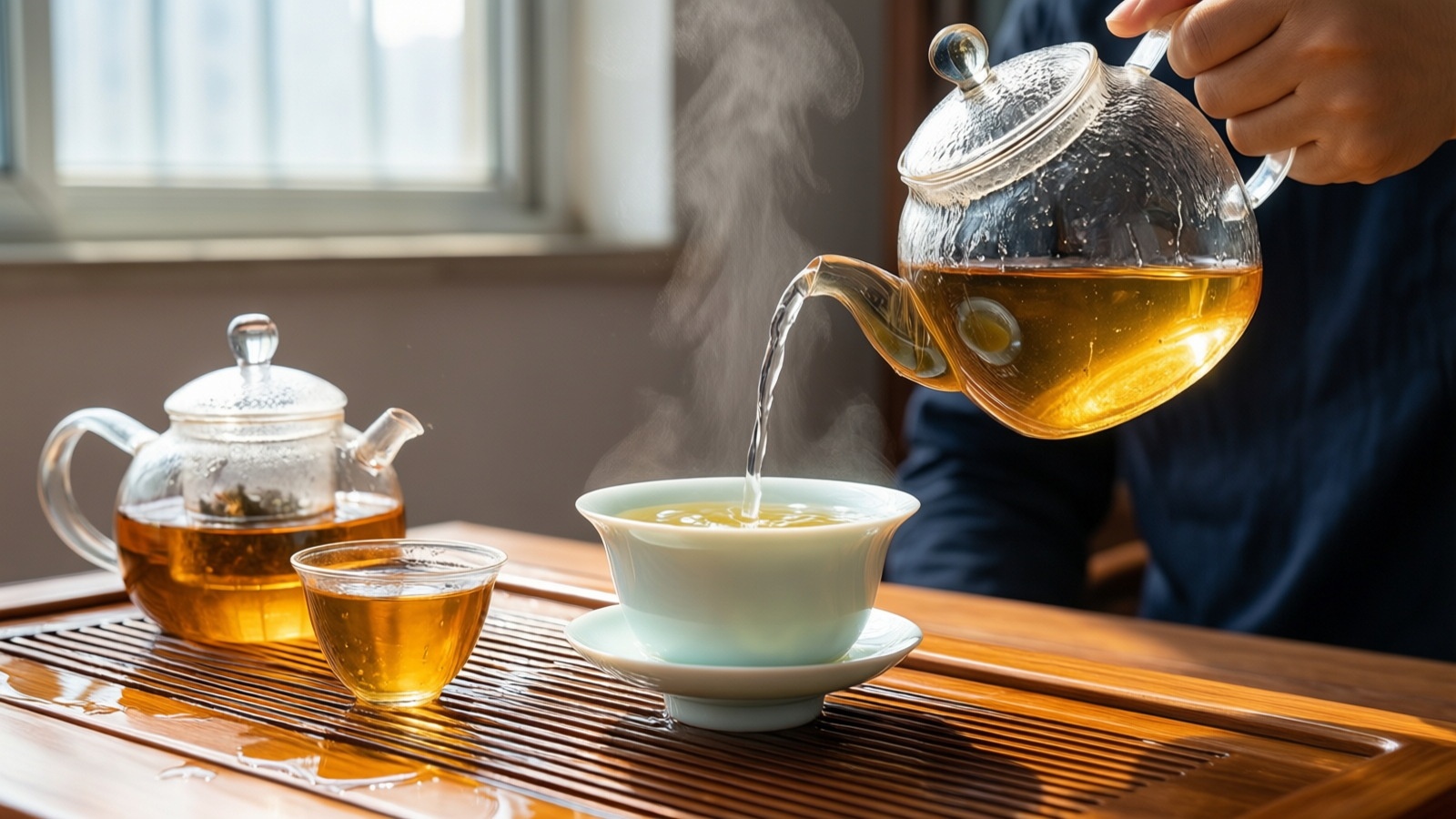 A person pouring hot water into a gaiwan for brewing Chinese tea, showing the importance of water quality for tea flavor.