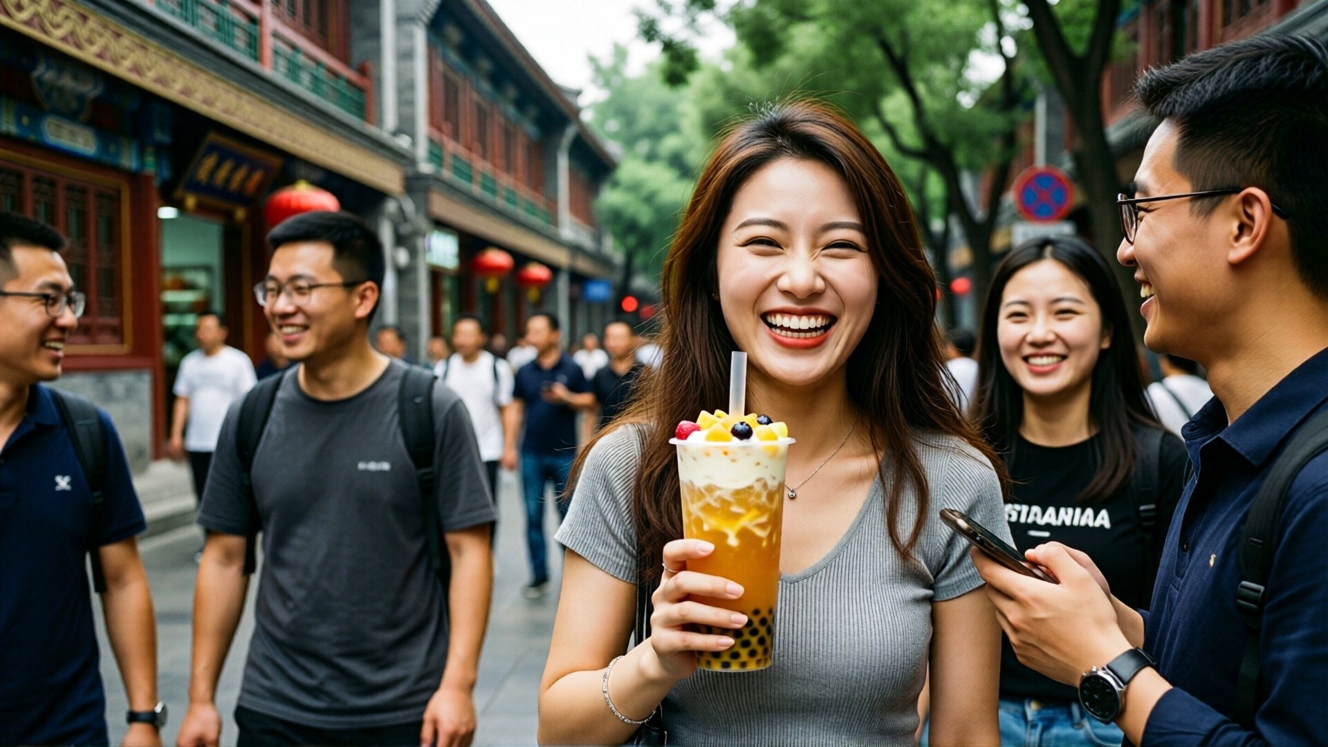 A young woman in China holding a bubble tea with cheese foam and fruit toppings, laughing with friends on a city street.