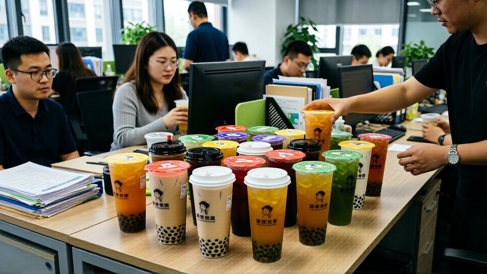 Office workers in China gathering around a desk with several bubble tea cups from a group order.