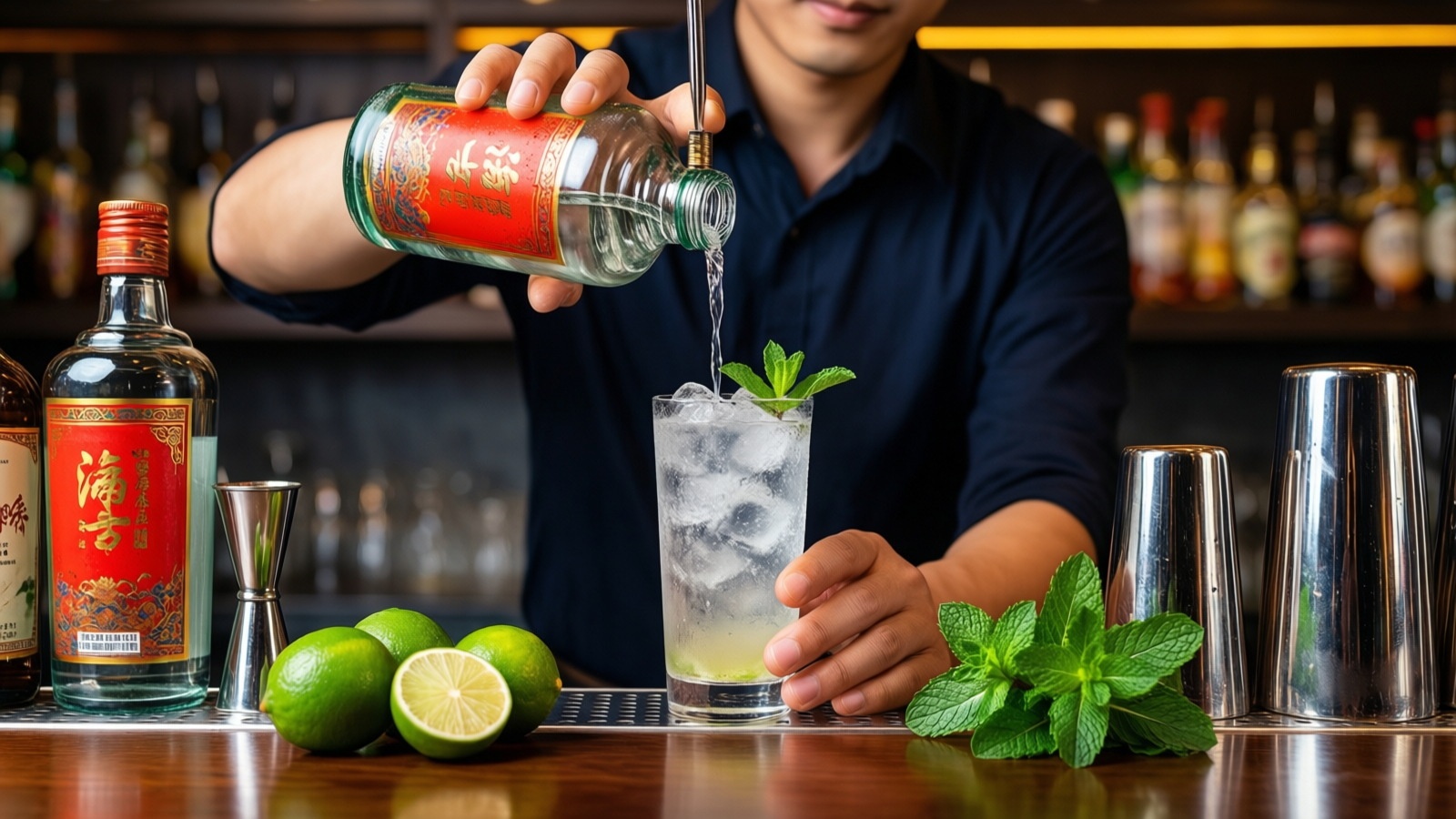 Bartender in China mixing a baijiu cocktail with soda water, lime, and mint in a modern bar.