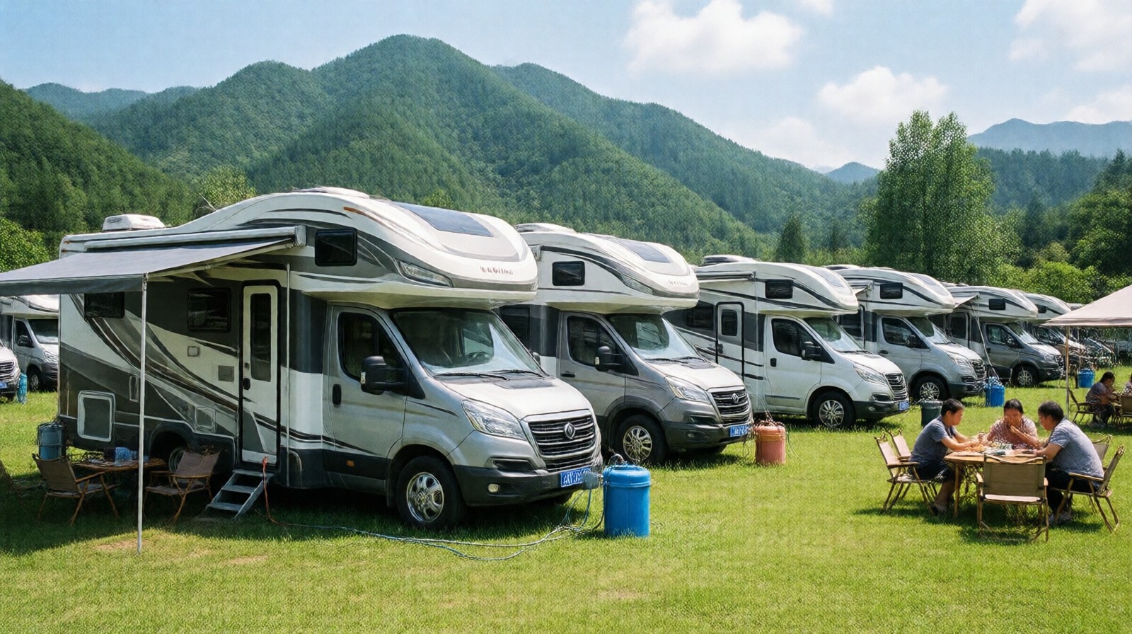 Well-maintained RV campground in rural China with full hookups and scenic mountain views.