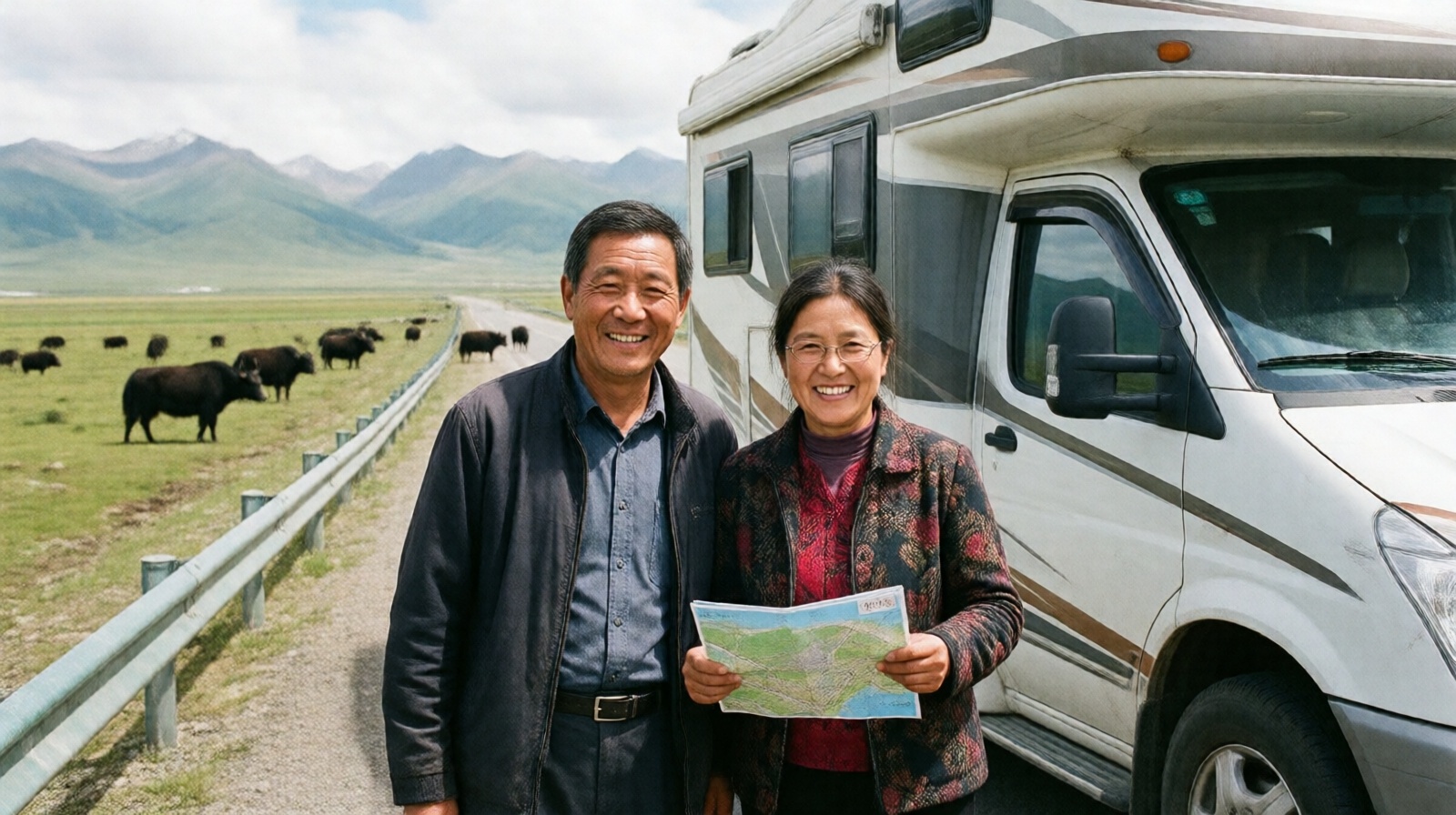 Retired Chinese couple with their RV on a roadside in the Qinghai-Tibet Plateau, illustrating the improvised camping often necessary.