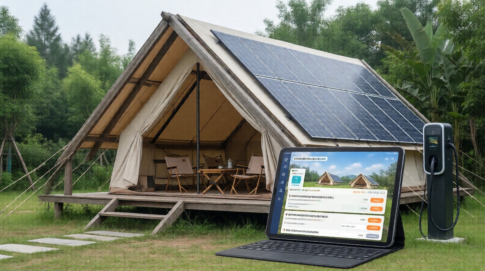 Smart RV campsite in China with solar panels and a digital booking interface, showing technological integration.
