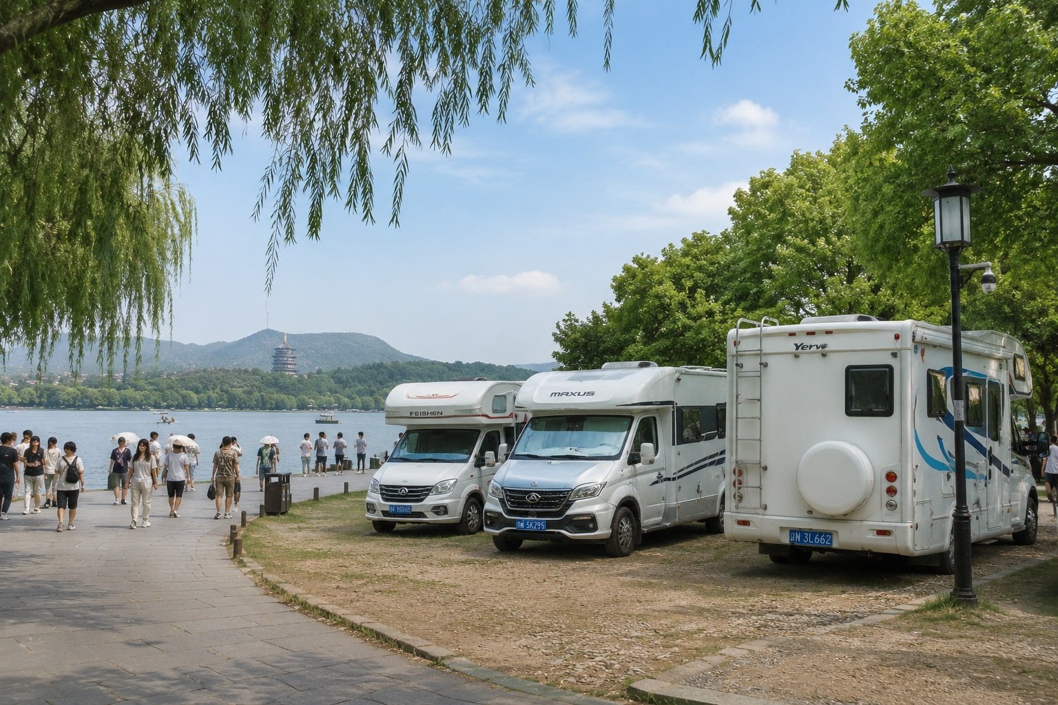 RVs parked in a basic lot near West Lake, Hangzhou, without utility hookups, showing the infrastructure gap.