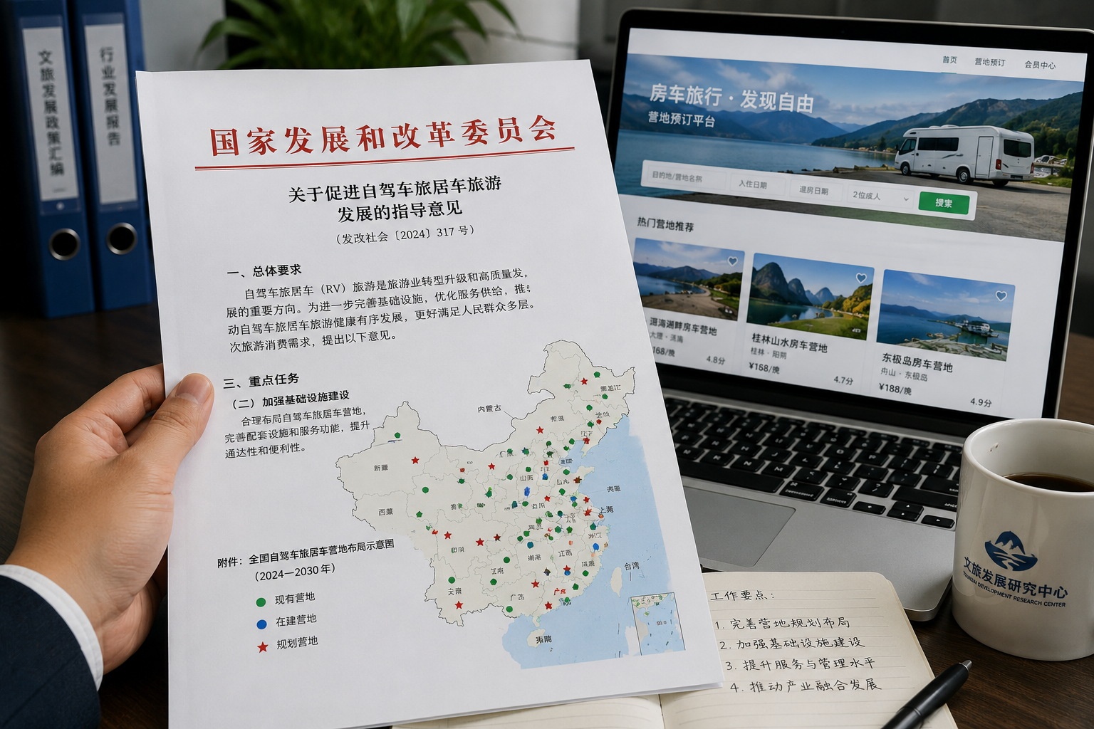 Chinese tourism policy document and a digital map highlighting planned RV campsites.