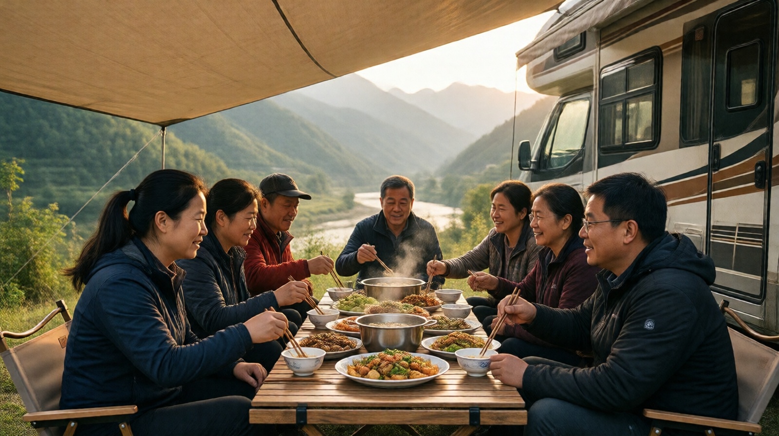 Group of Chinese RV travelers enjoying a meal together at a campsite in a scenic valley, highlighting community.
