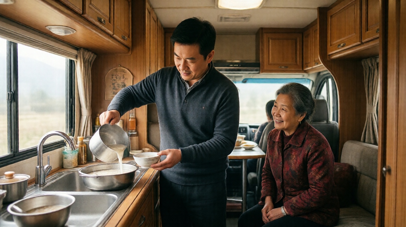 Chinese middle-aged man cooking breakfast in RV kitchen for his elderly parents during a family road trip