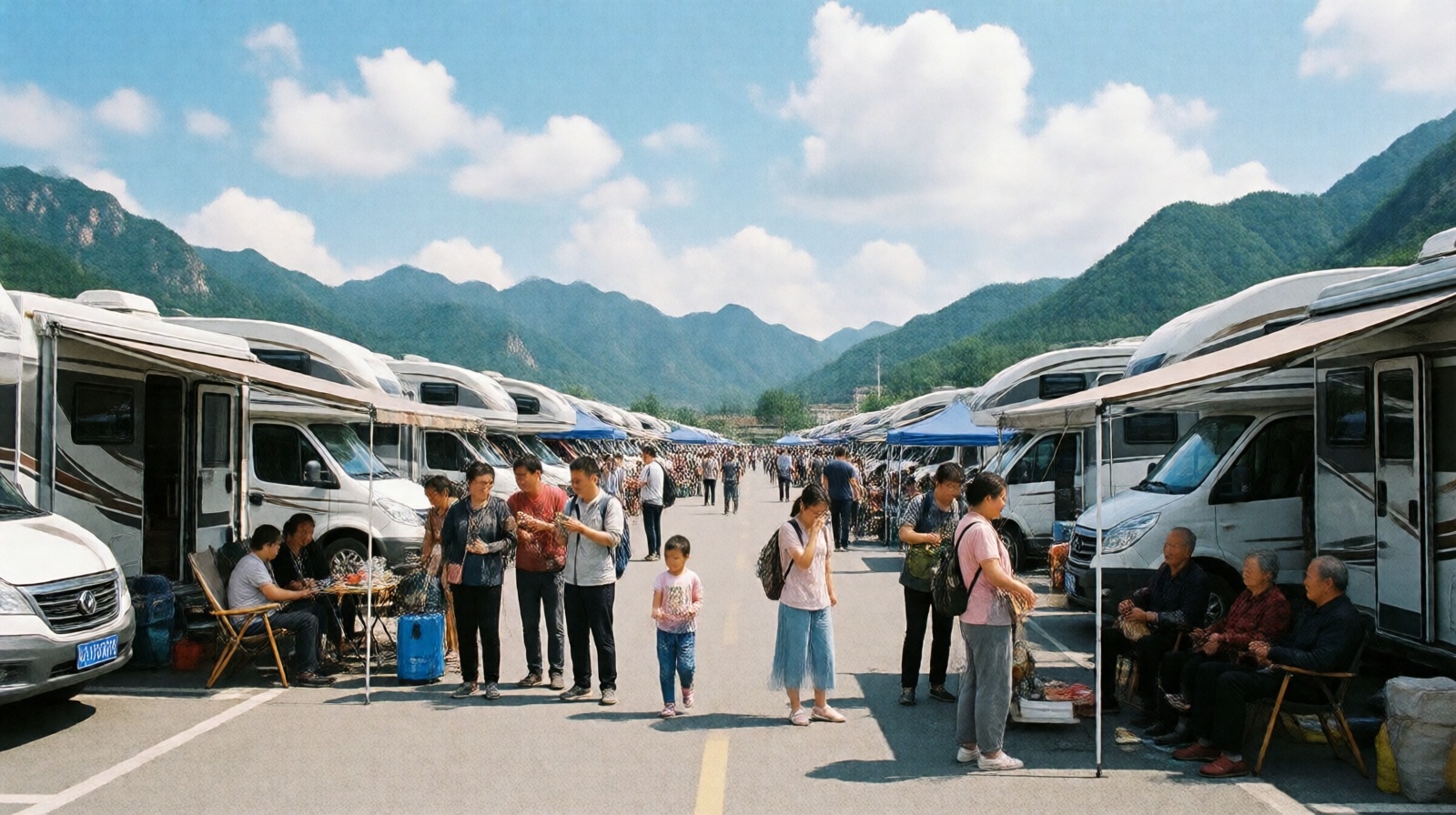 Chinese RV families camping at a scenic spot with canopies and chairs, mountains behind