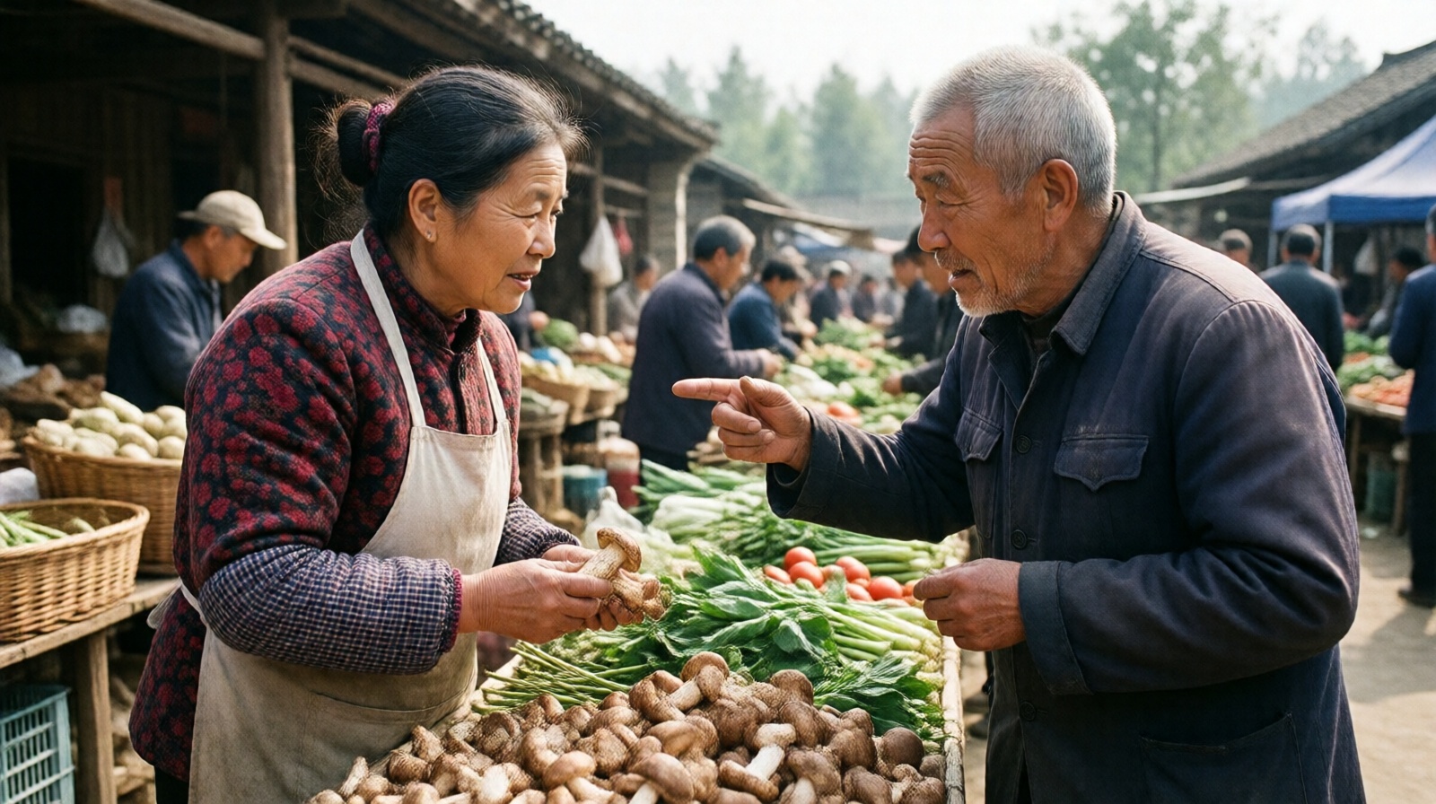 Elderly Chinese man bargaining for mushrooms at a rural farmer's market during a family RV trip