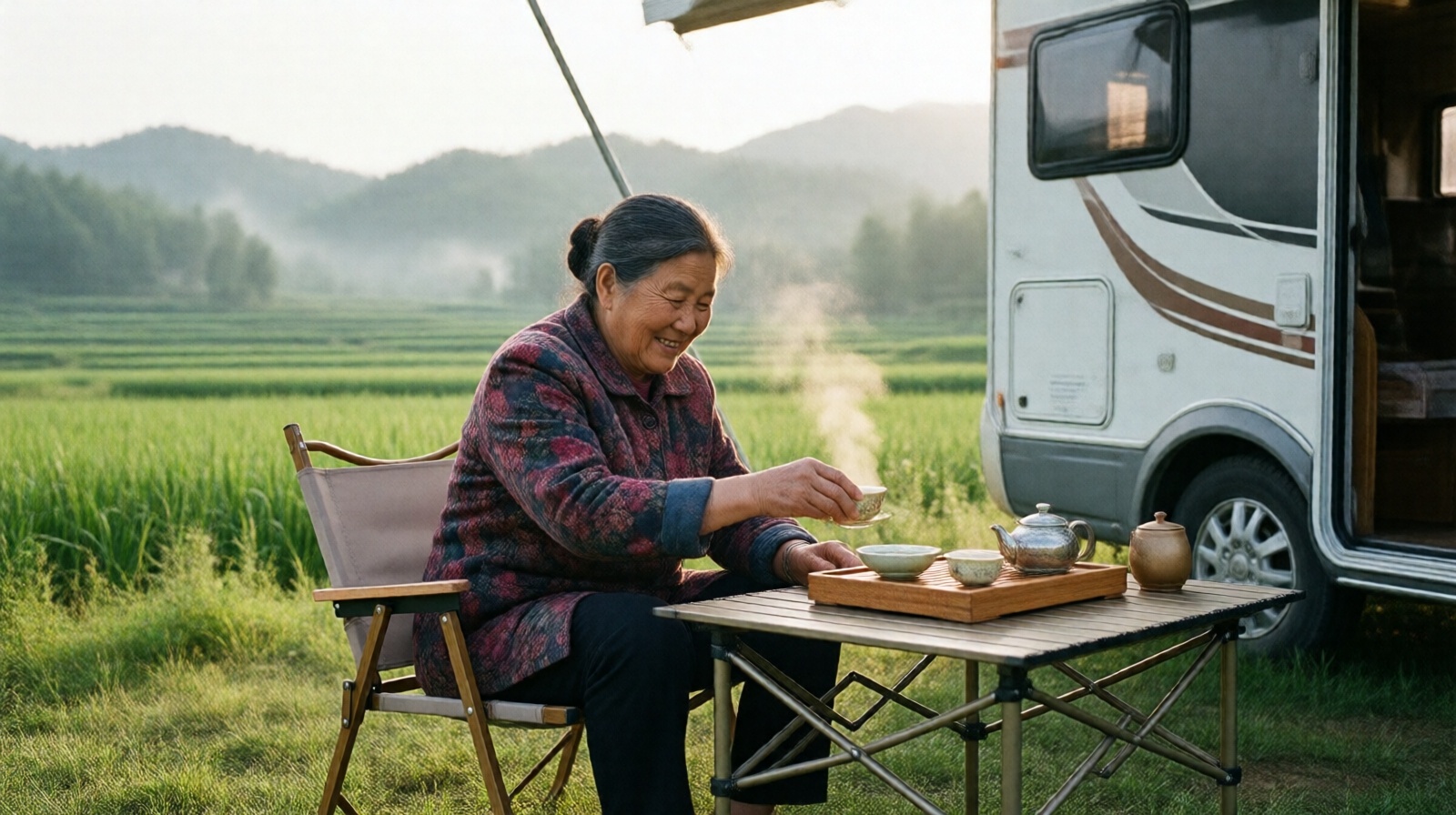 Elderly Chinese woman making tea on a folding table outside an RV during a road trip