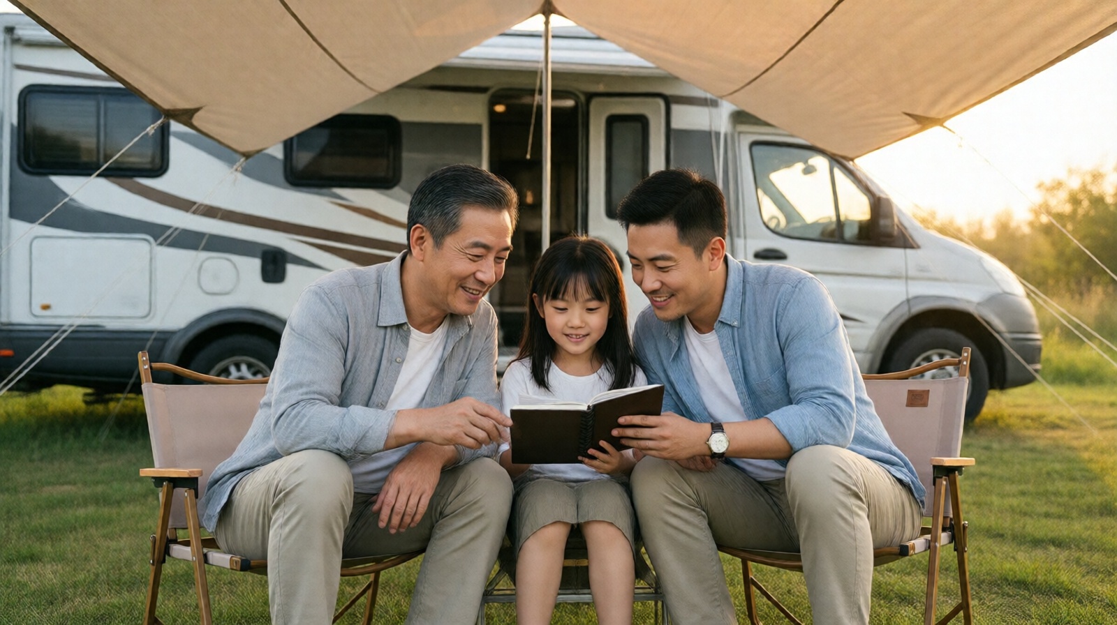 Chinese three-generation family sitting under canopy beside RV, enjoying evening together