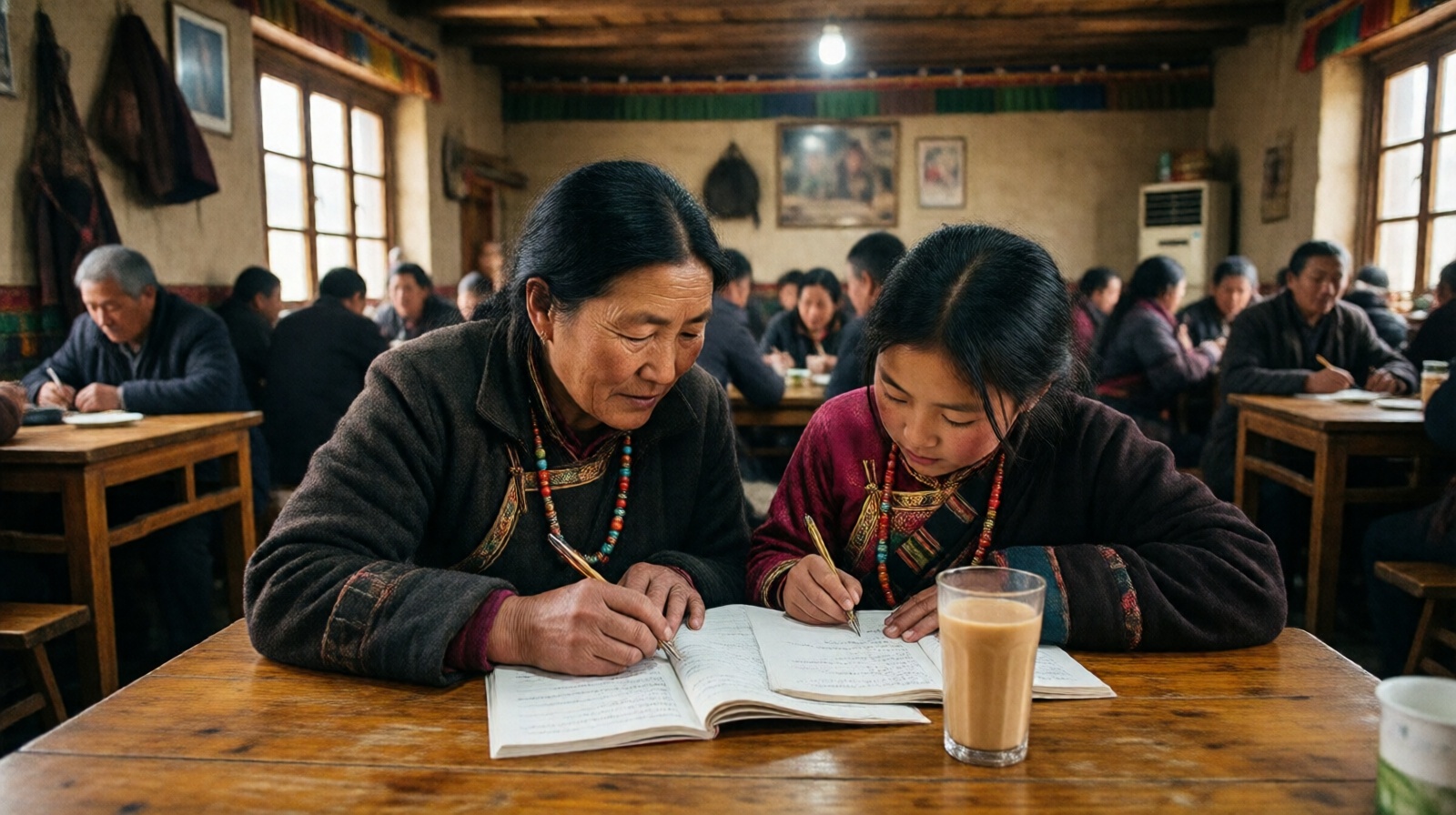 Chinese elderly woman helping Tibetan girl with homework inside a family restaurant in Shangri-La