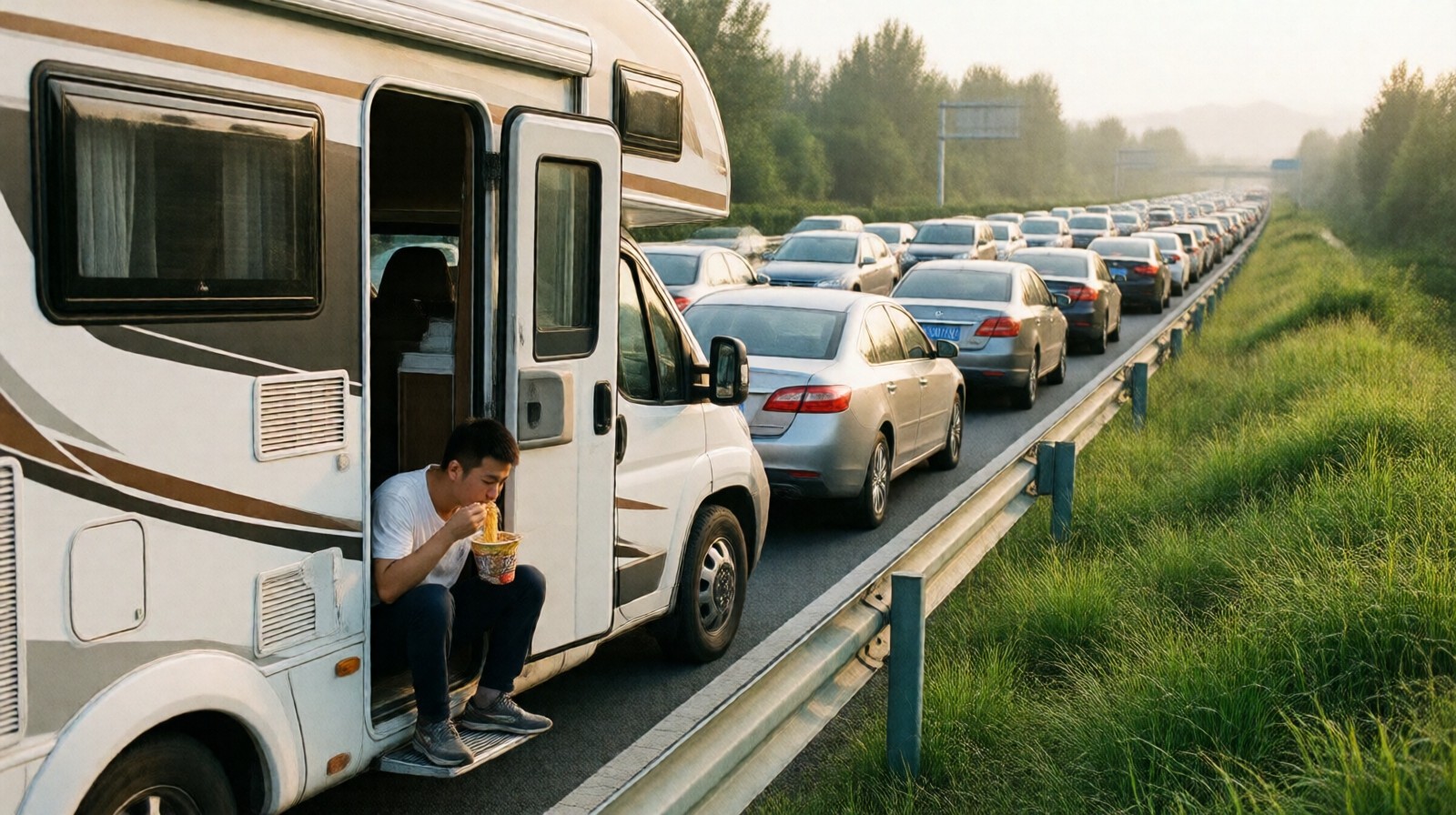 A young man sits on the step of a rented RV eating instant noodles during a holiday traffic jam on a Chinese expressway. Cars and RVs fill the road ahead.