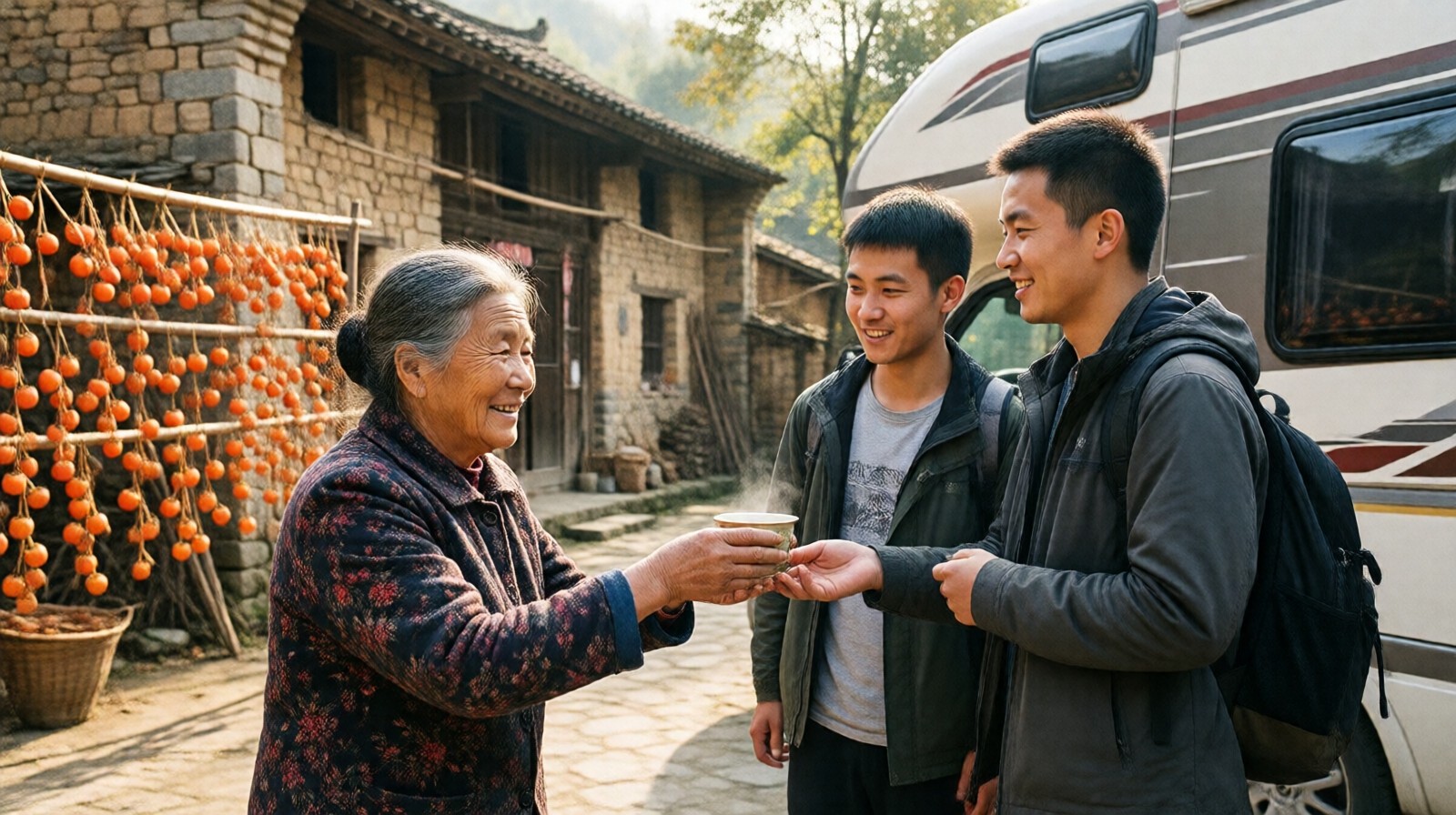 An elderly woman hands a cup of tea to young RV travelers in a rural Chinese village. Persimmons drying on racks in the sunny courtyard.