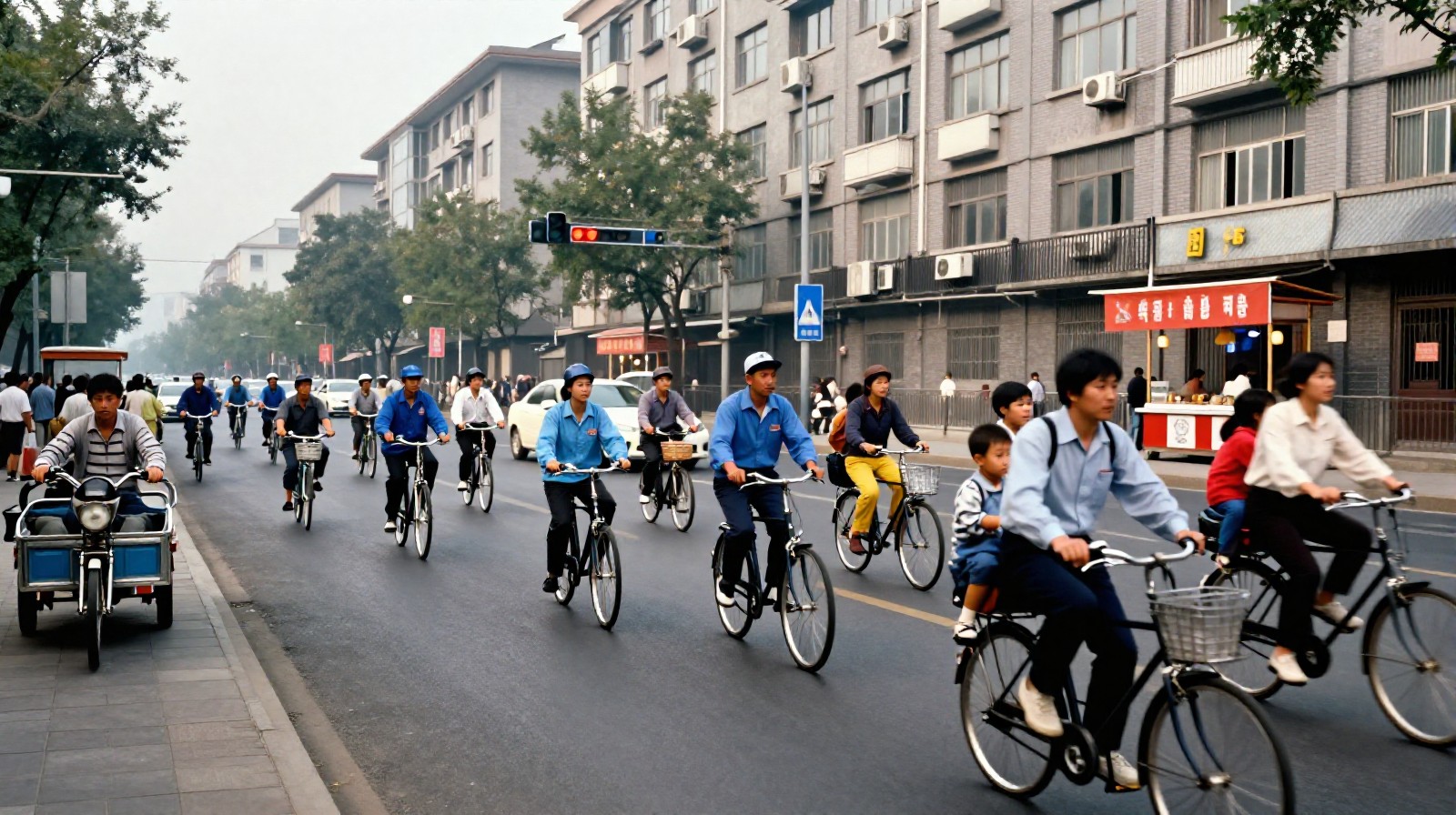 1980s Beijing bicycle traffic jam at morning rush hour with many cyclists on a wide avenue, old apartment buildings in background