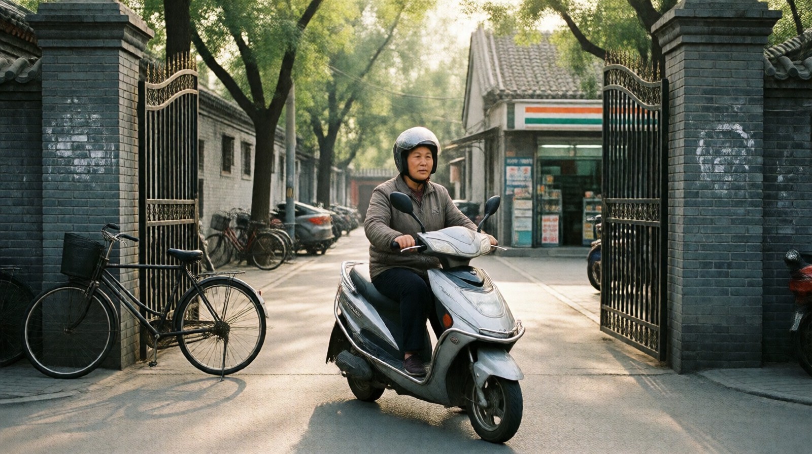 A Chinese woman riding an electric scooter out of a Beijing residential compound in 2005, transition from bicycle to e-bike
