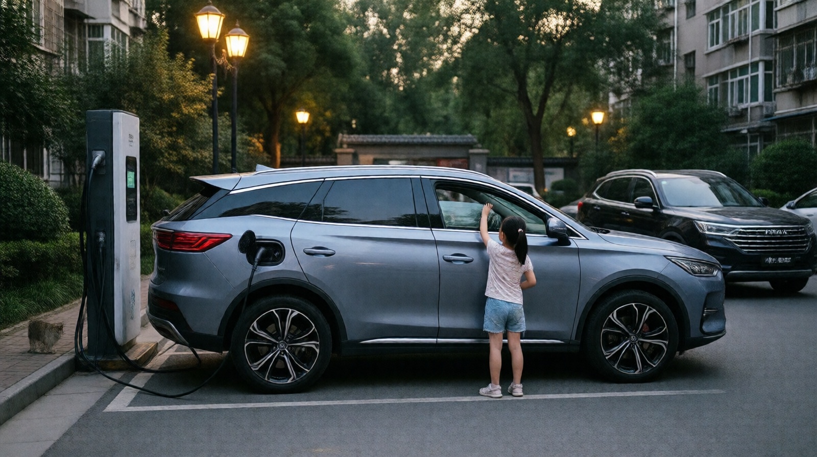 A white BYD Tang SUV charging in a Beijing community courtyard at dusk, child touching the vehicle's dashboard screen