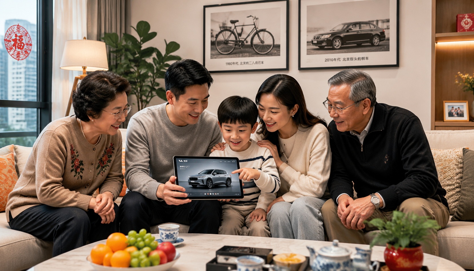 Three generations of a Chinese family discussing car purchase in a Beijing living room, with historic family photos of bicycle and sedan on wall