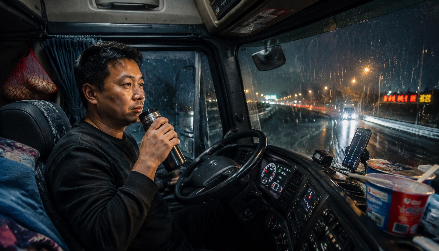 Chinese long-haul truck driver resting in his cab at night, holding a thermos, with rain on the windshield and highway lights in the distance.