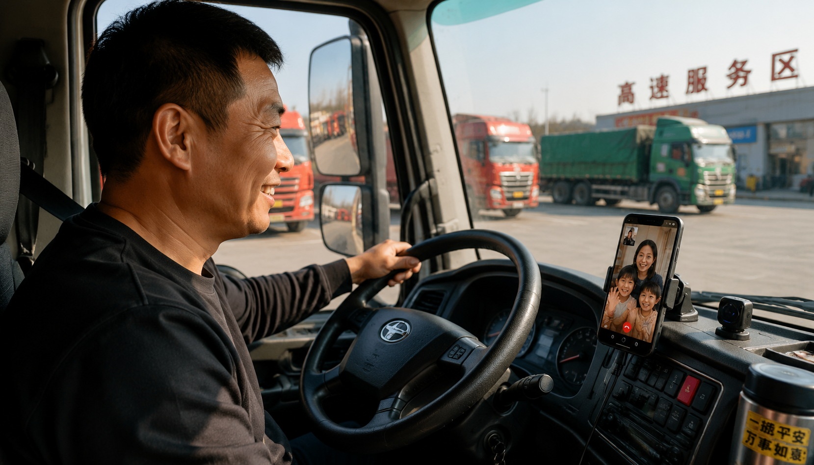 Truck driver Li Wei video-calling his wife and children from his truck cab at a rest area in Henan Province.