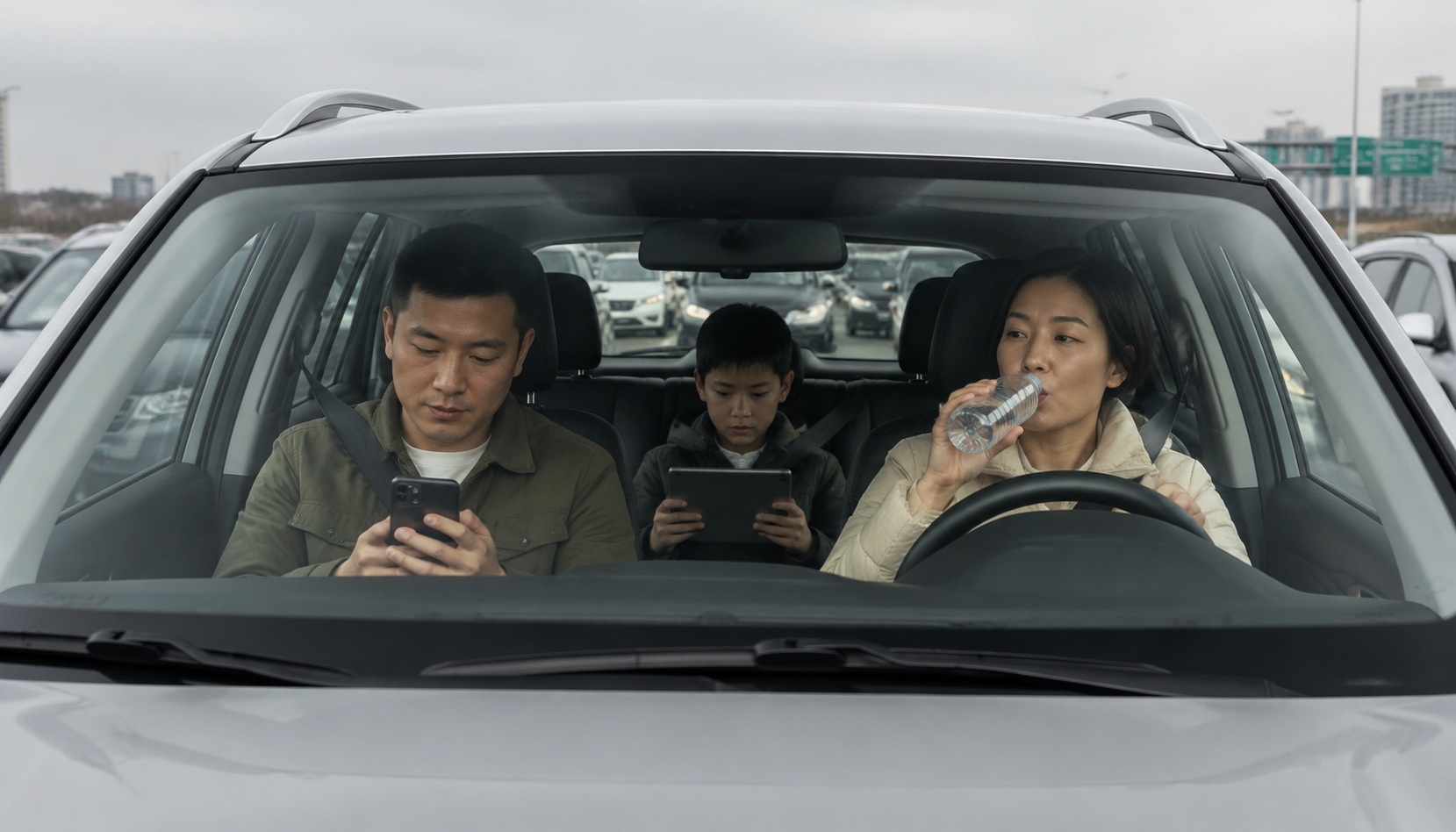 Family sitting in car stuck in Golden Week traffic jam on Chinese expressway