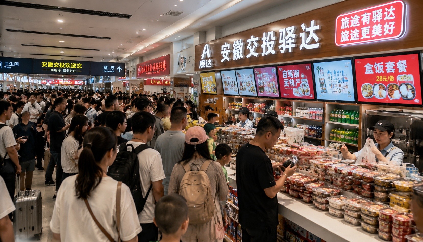 Golden Week highway service area food counter with long queues of travelers buying meals