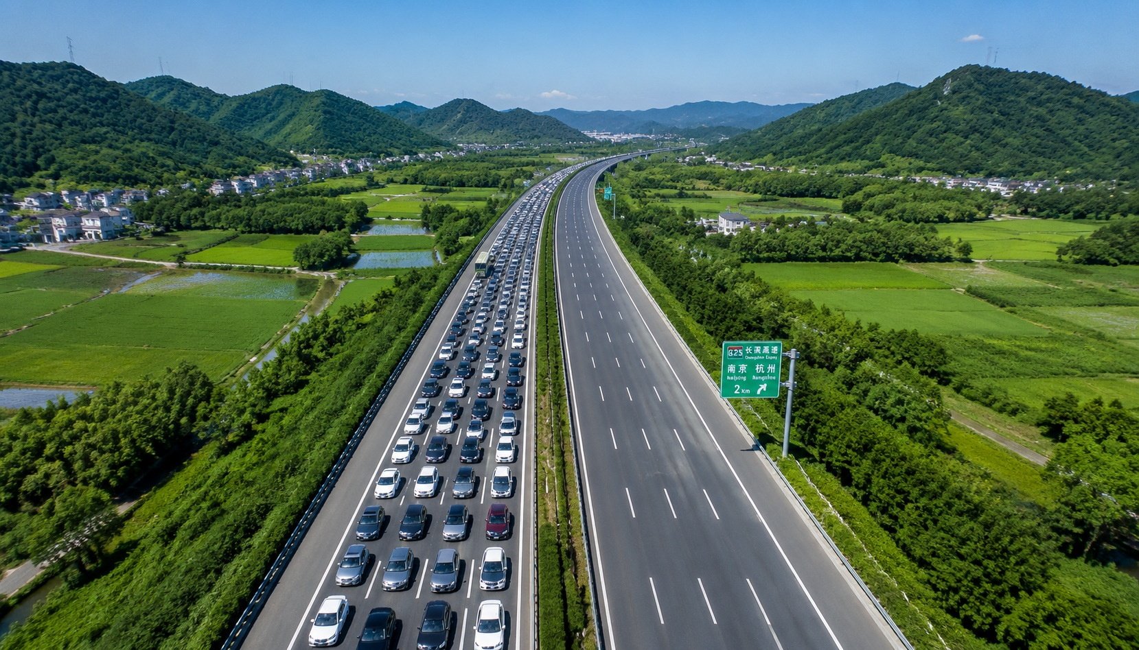 Drone shot of congested highway during Chinese holiday contrasting empty opposite lane