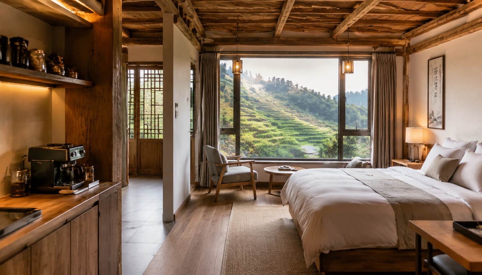 Interior of a renovated Chinese farmstay homestay with modern amenities like a coffee machine and traditional wooden ceiling, window view of rice terraces