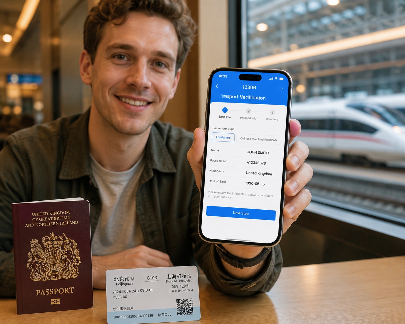 Foreign traveler using 12306 app passport verification on smartphone, passport and China train ticket on table