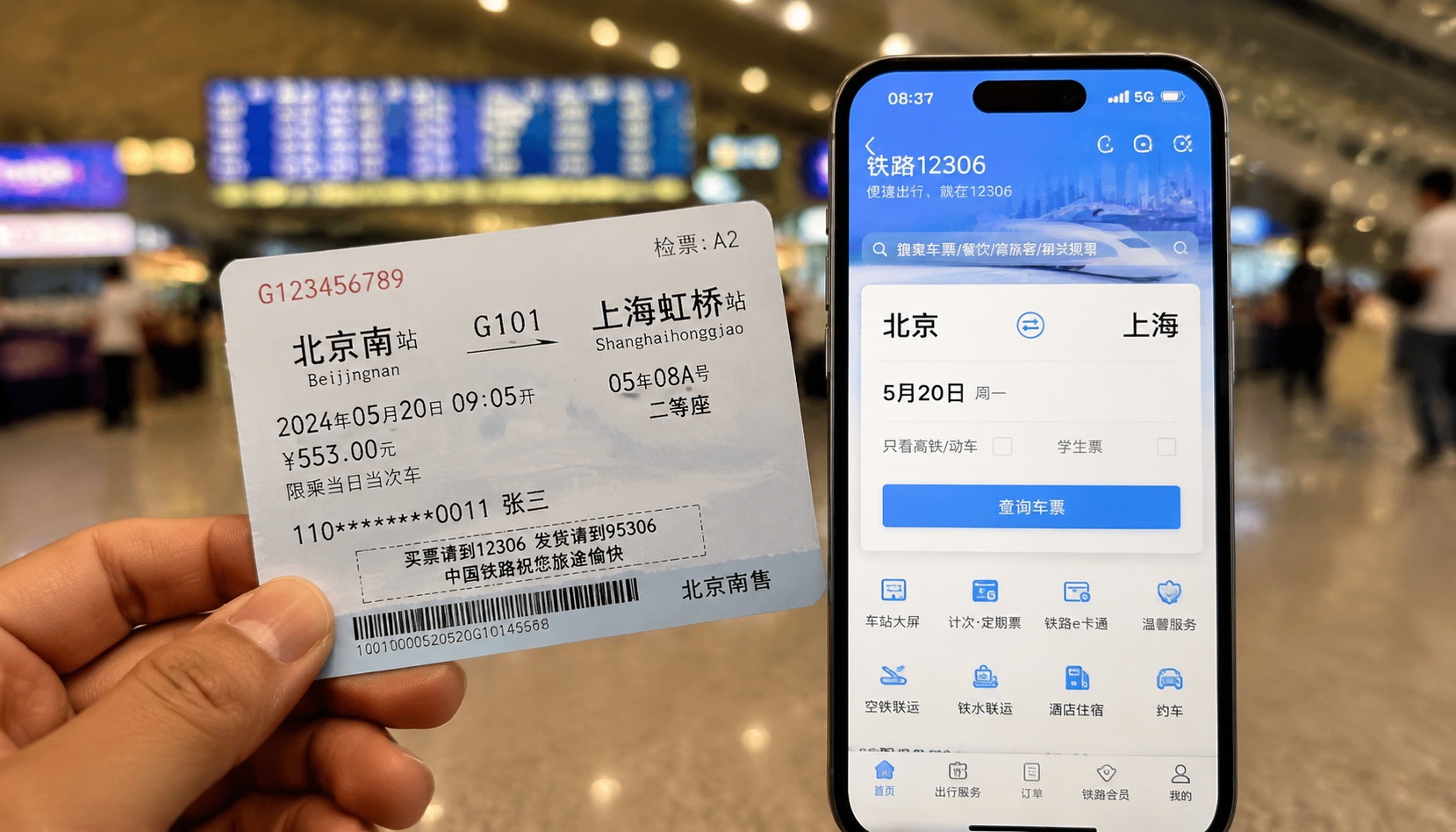 Traveler holding a paper train ticket and a smartphone showing the 12306 app for ticket changes