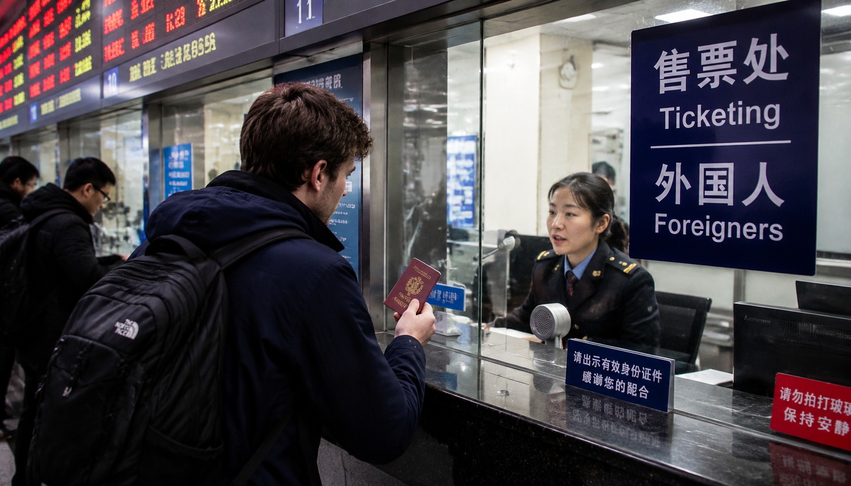 Foreign traveler at Chinese railway station ticket counter asking about train ticket change