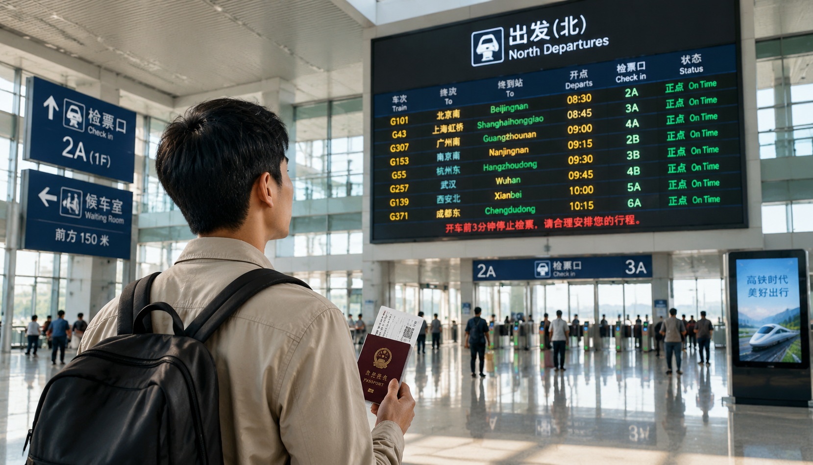 Passenger with passport and train ticket checking departure board at Chinese station
