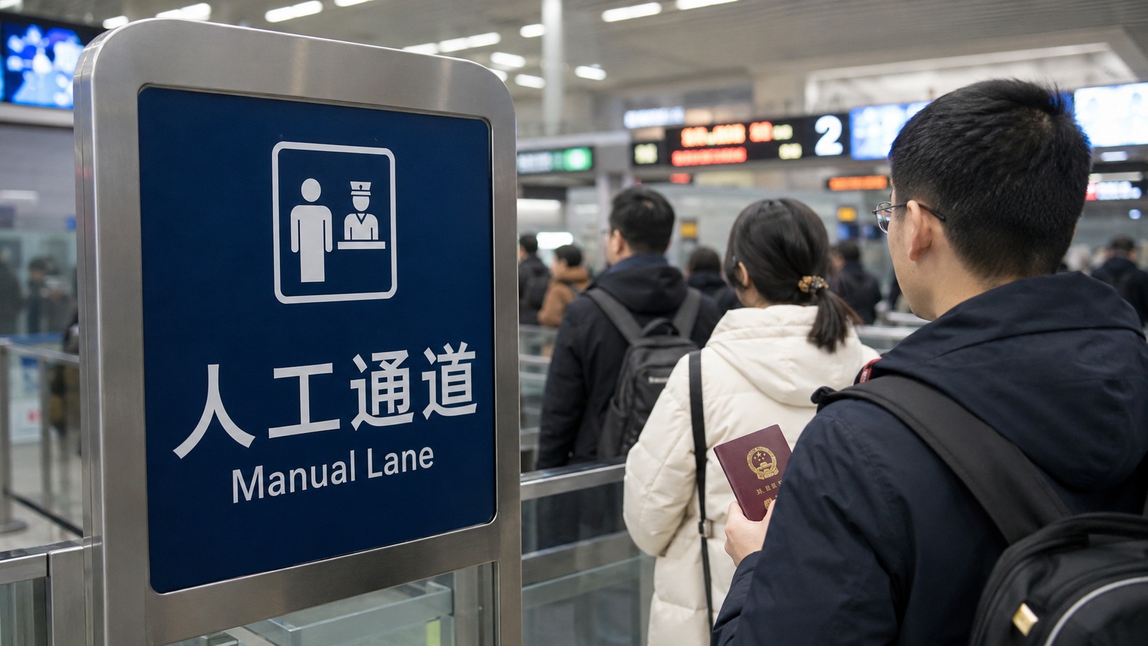 Manual Lane sign at Chinese high-speed rail station with passengers queuing, one holding a passport