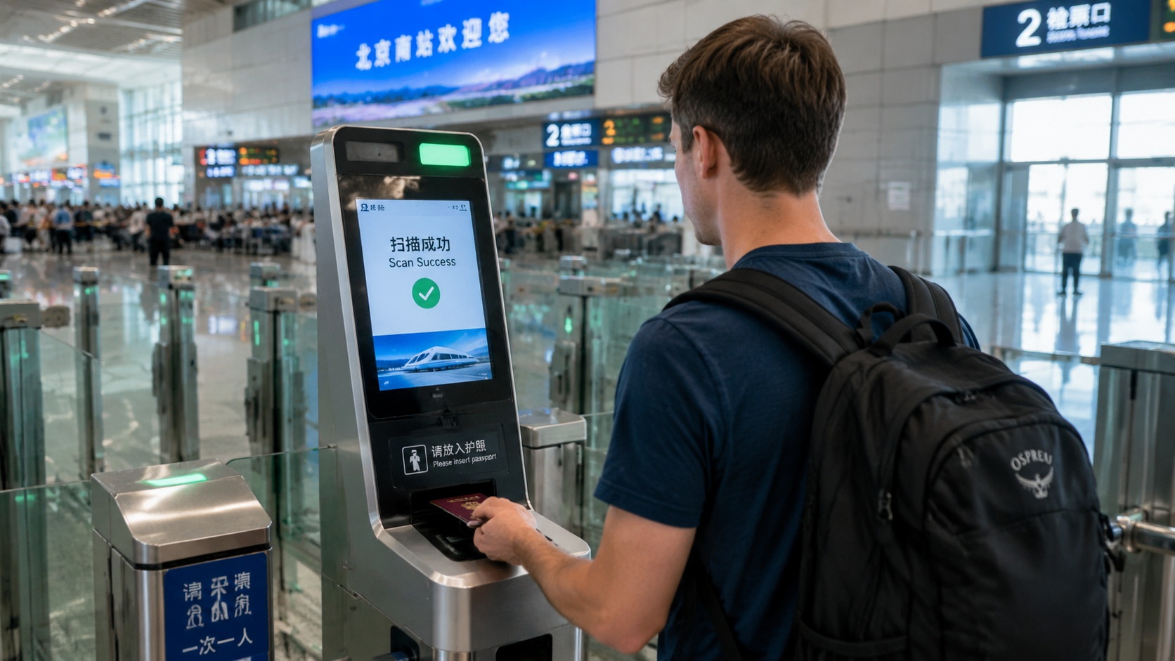 Foreign passport being scanned at an automated gate at a Chinese high-speed rail station