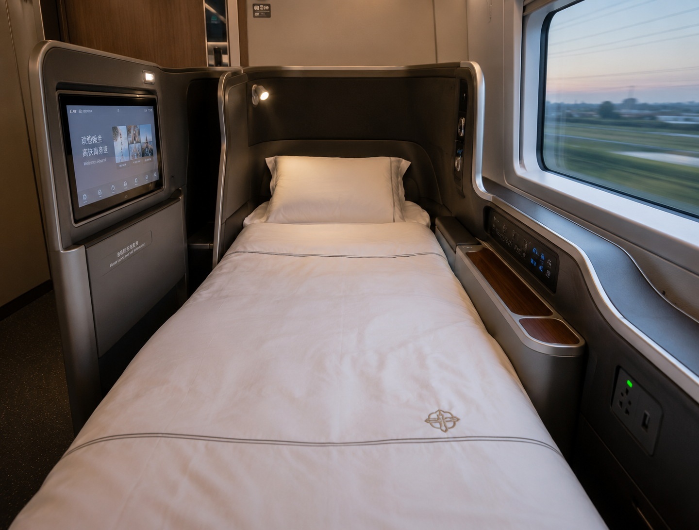 Fully reclined business class seat on a Chinese high-speed train with pillow and duvet, showing power outlet on armrest