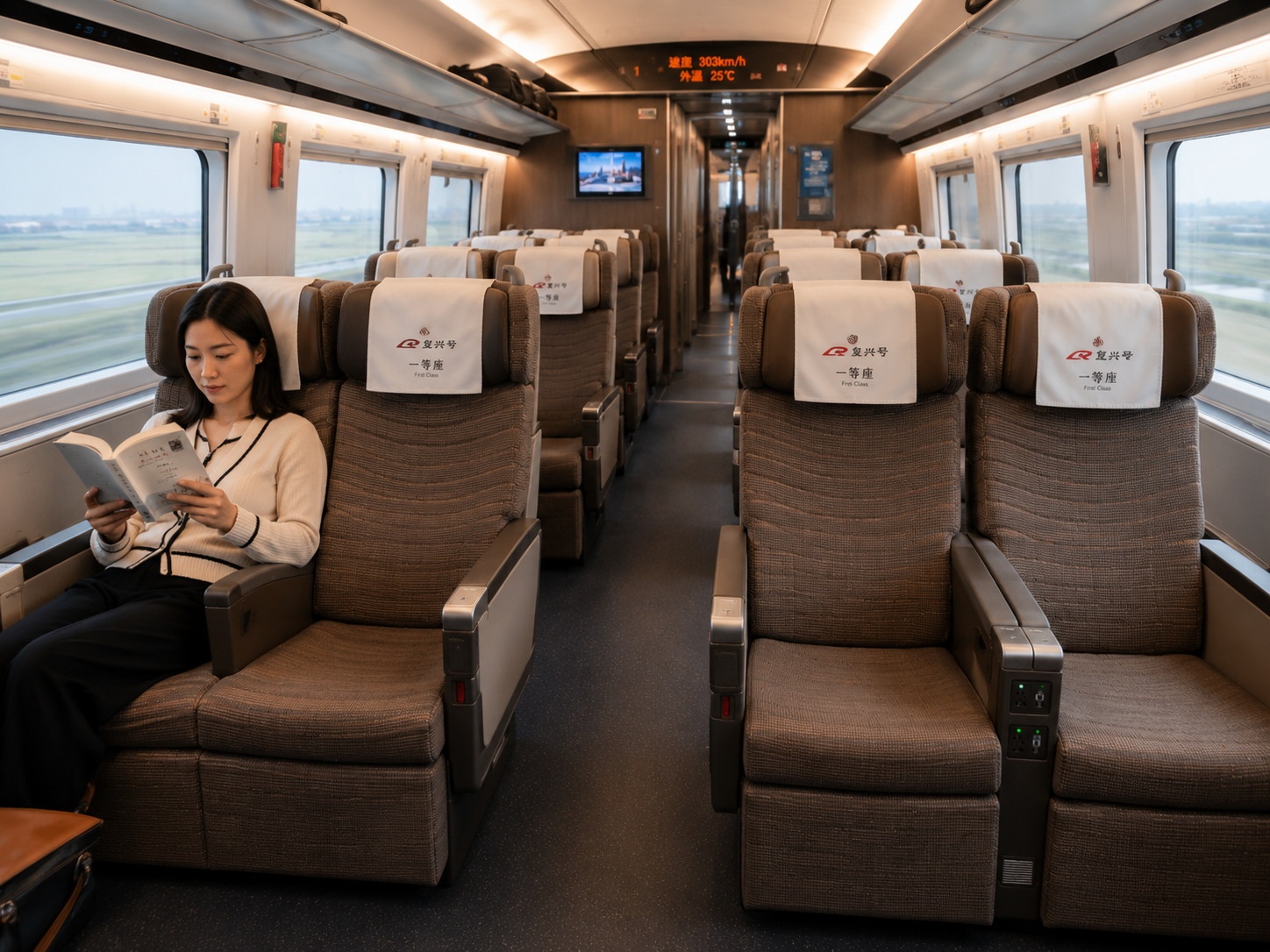 First class carriage interior of Chinese bullet train with 2+2 seating and power outlet between seats