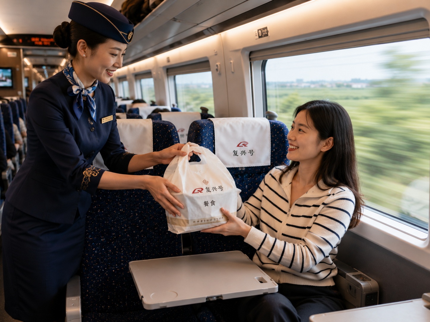 Train attendant delivering takeout meal to passenger on a high-speed train in China