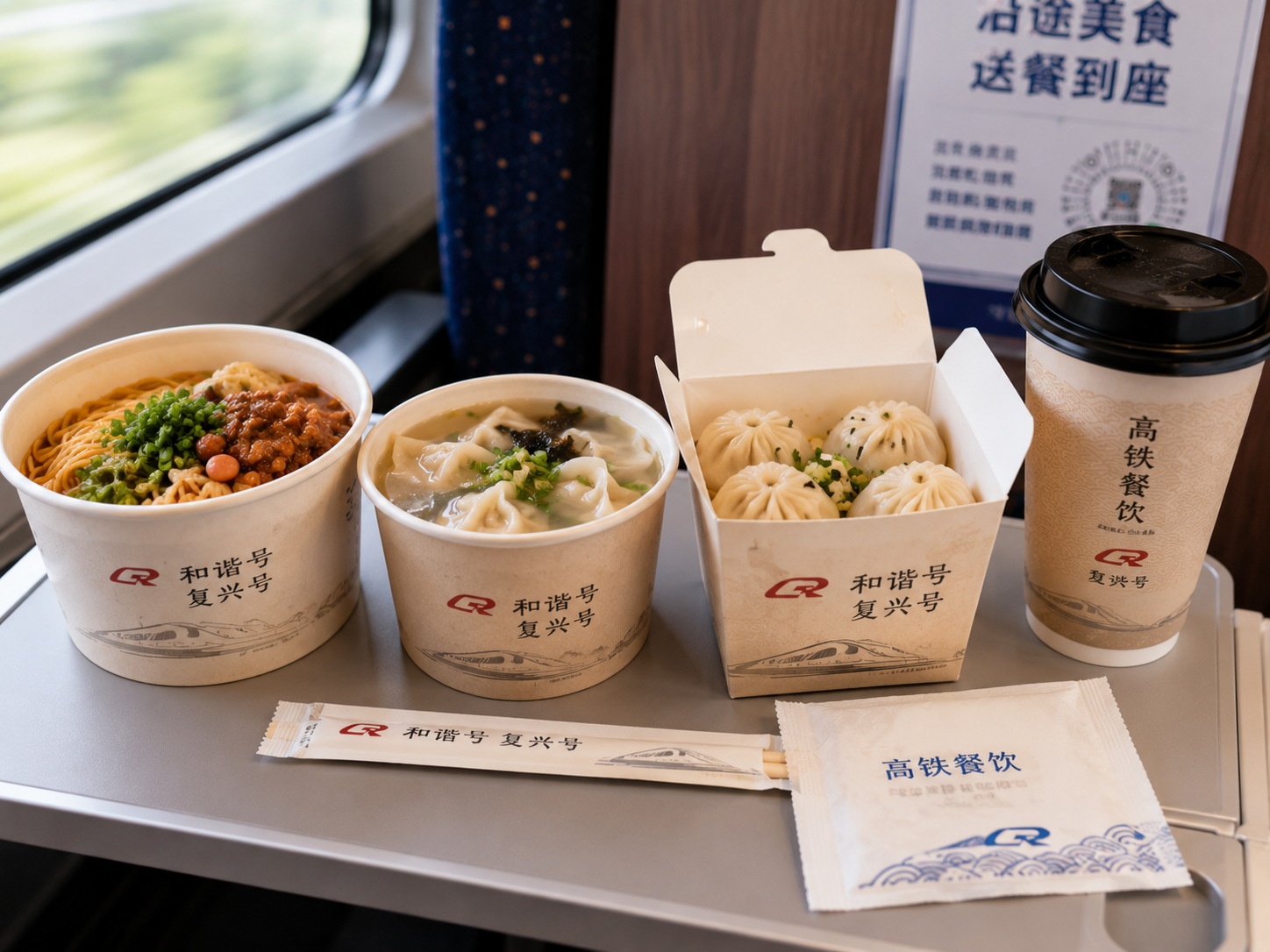 Variety of Chinese local dishes delivered to a train seat on a high-speed railway