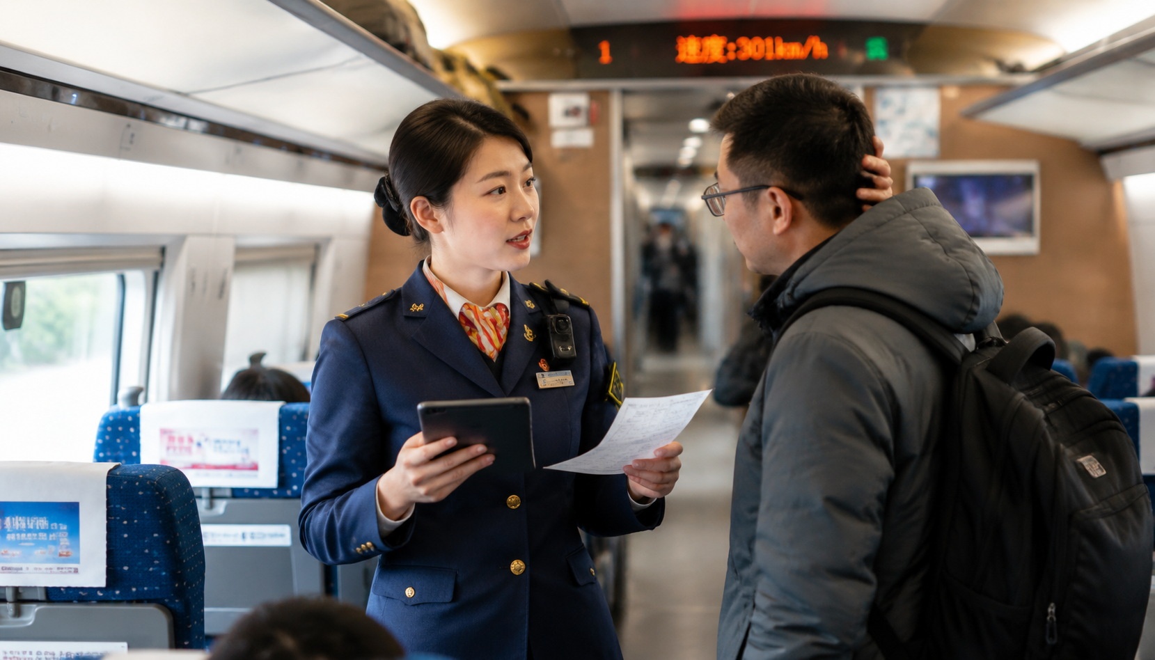 Train attendant helping a passenger who overslept on a high-speed train, explaining the passenger transport record procedure