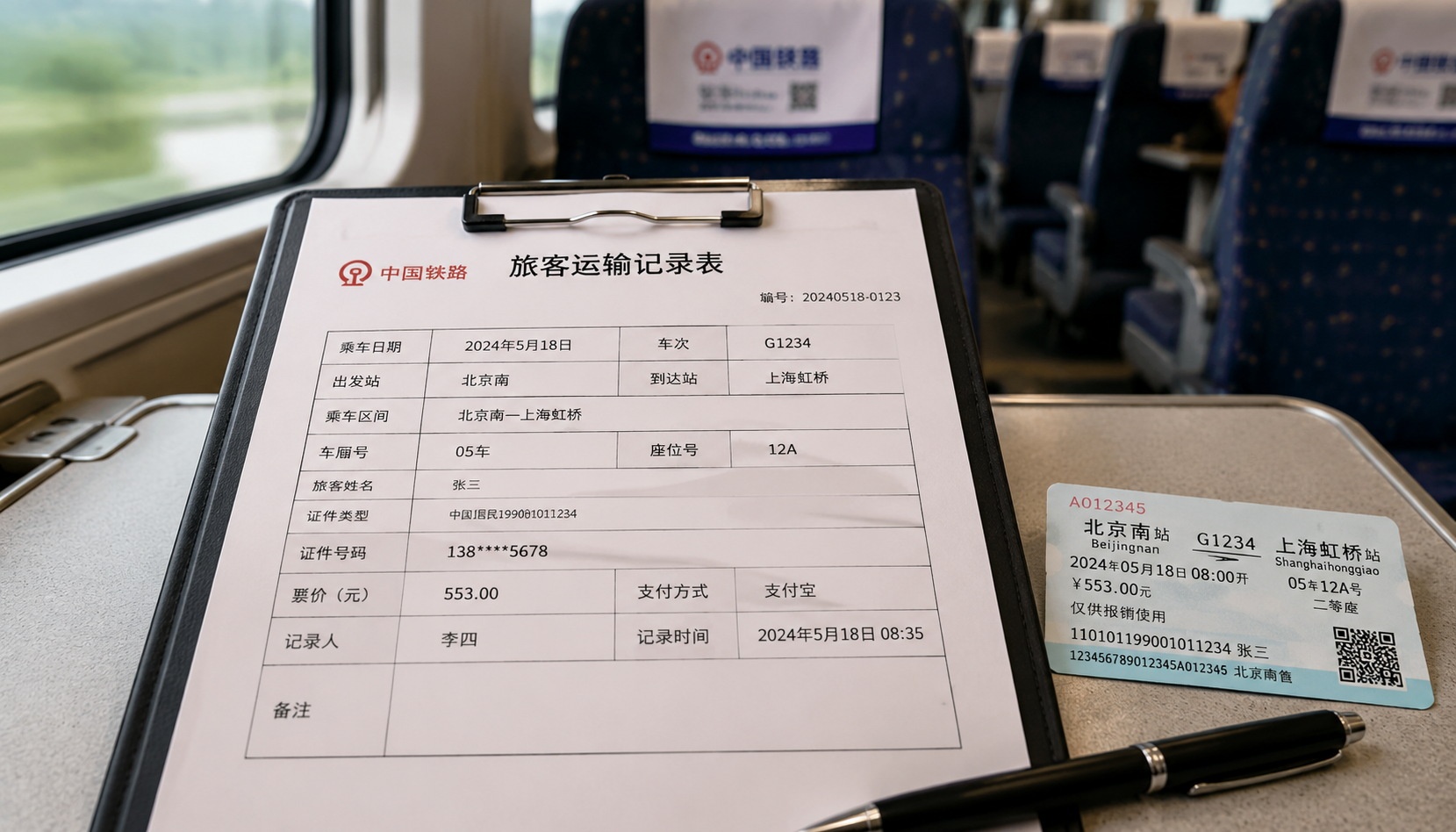 Close-up of a passenger transport record form used for missed stops on China high-speed rail