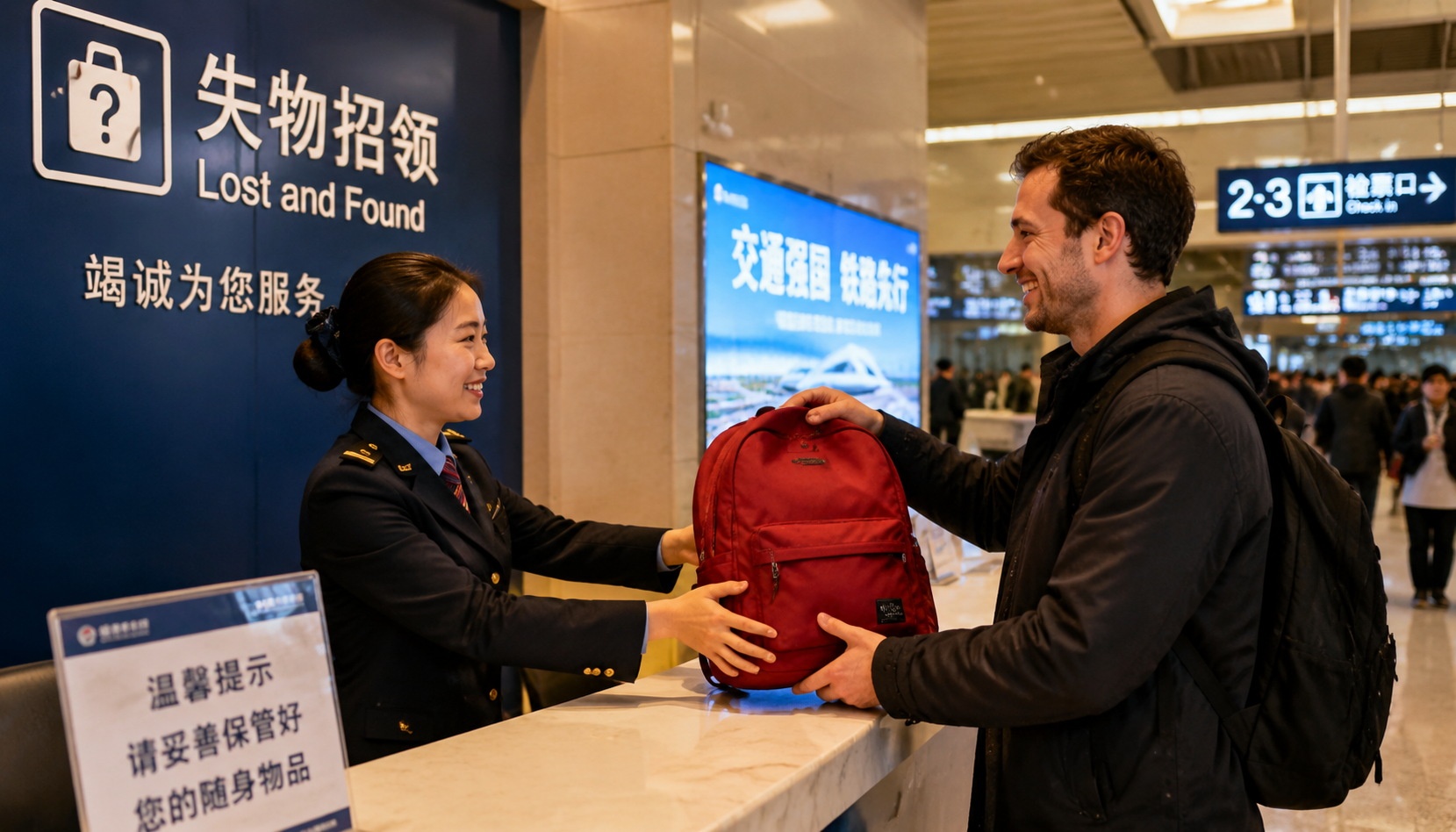 Railway staff returning a lost suitcase to a passenger at a station lost and found office